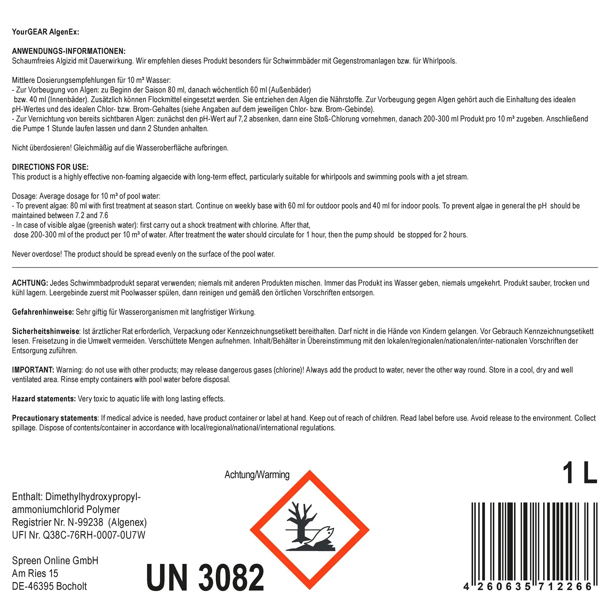 Etikett von yourGEAR AlgenEx 1 L: schaumfreies Algenmittel-Konzentrat für Pool und Schwimmbad, mit Dosierhinweisen, Warnsymbol und Sicherheitsinformationen, weißes Etikett, Herstellerangaben und Barcode.