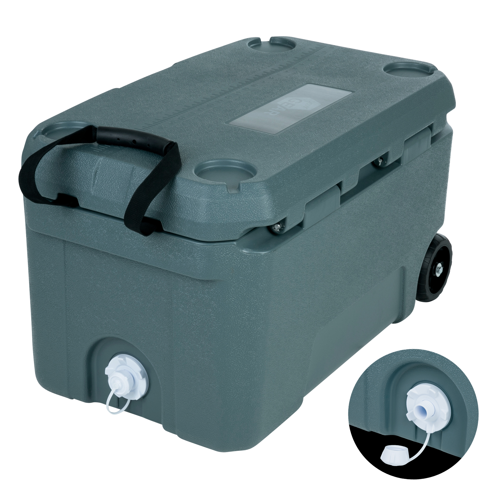 Glacière isotherme your GEAR Katmai 50L grise avec roulettes, poignées, couvercle à poignée, 4 porte-gobelets, bouchon de vidange blanc et isolation PU pour 9 jours de fraîcheur.