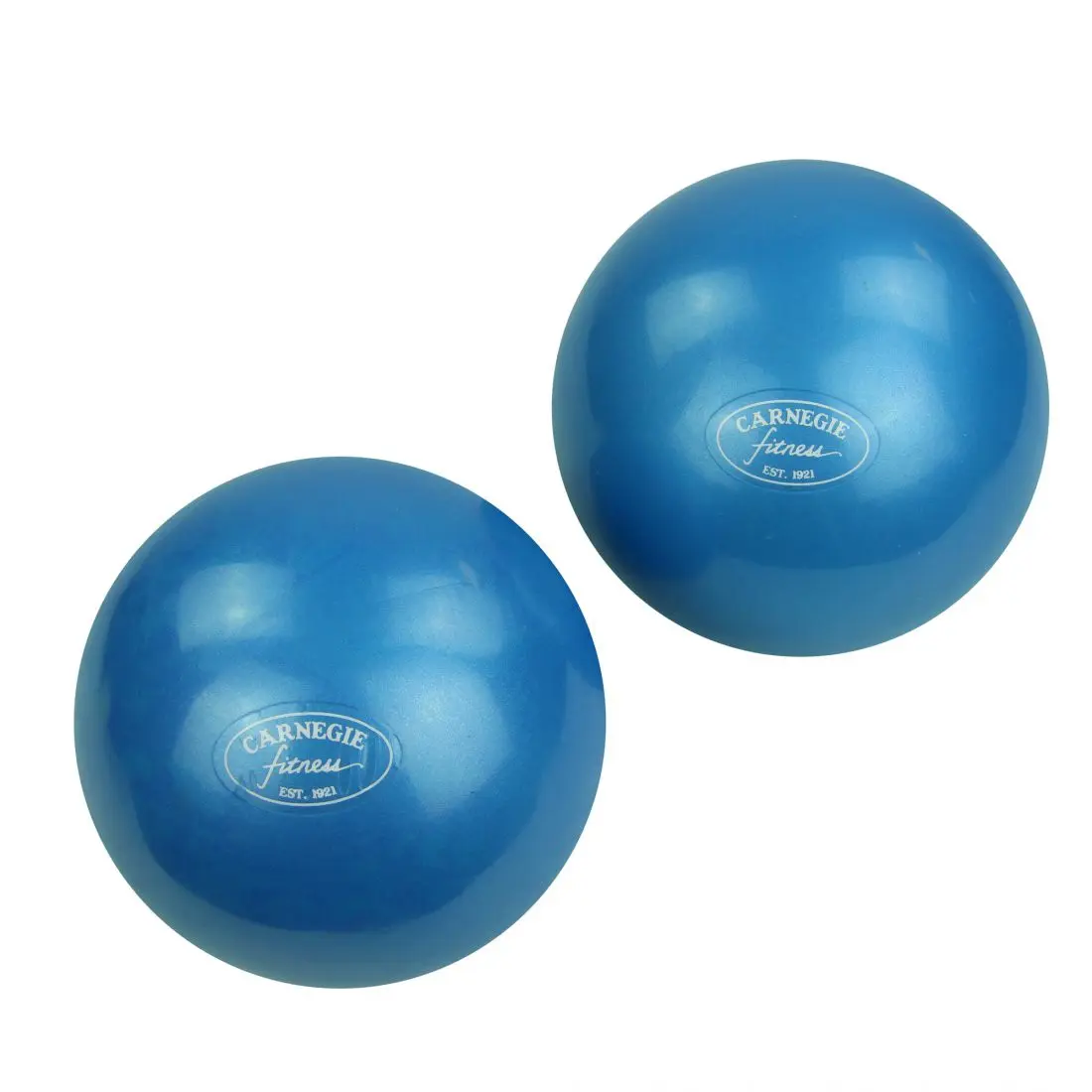 Due palline tonificanti blu Carnegie Fitness da 450g per Pilates, superficie lucida, con logo stampato, ideali per esercizi di rafforzamento muscolare e allenamento a casa.