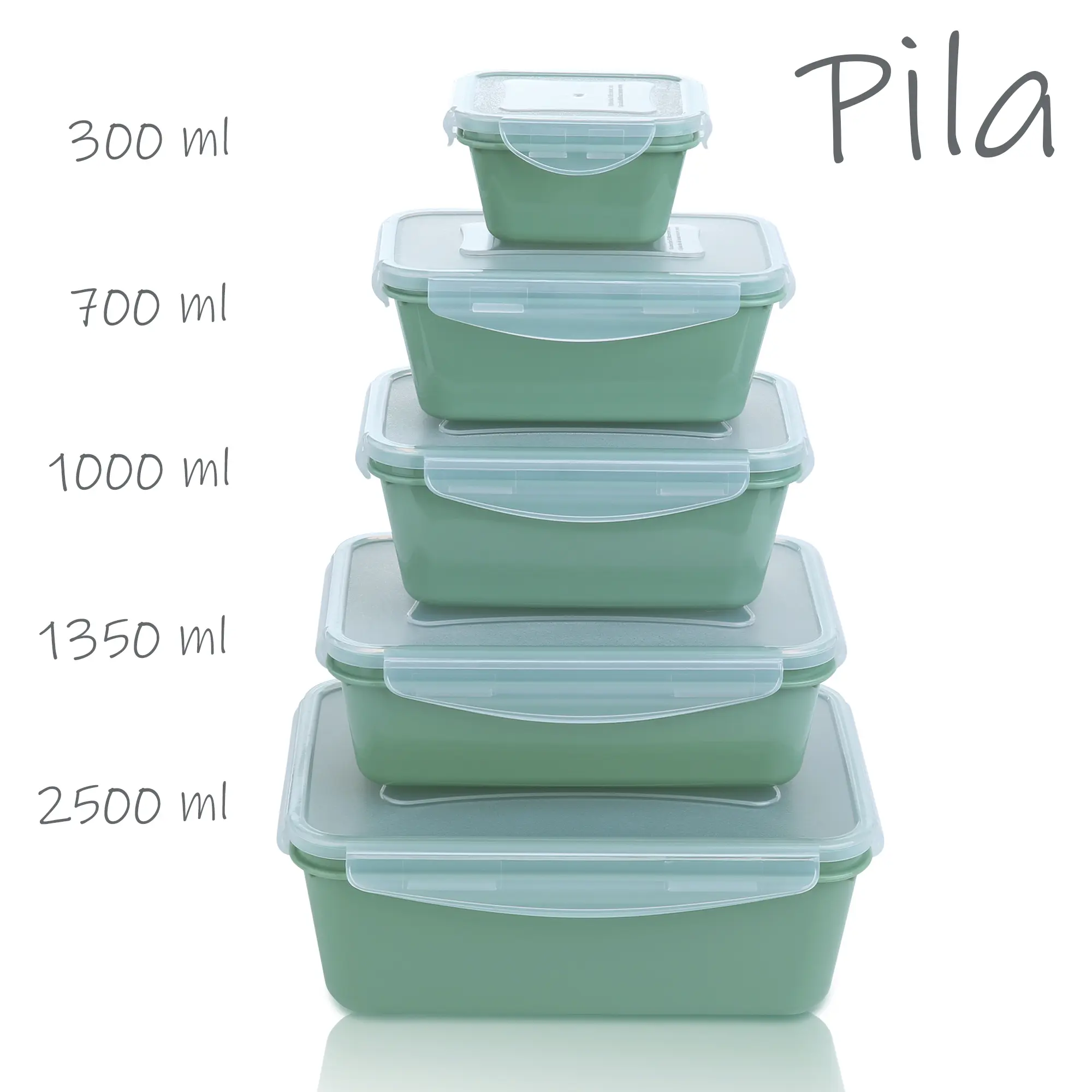 Stack of your GEAR Pila food storage containers with lids, shown in five sizes (300 ml to 2500 ml), BPA-free, green color, stackable, suitable for fridge, freezer, microwave, and dishwasher.