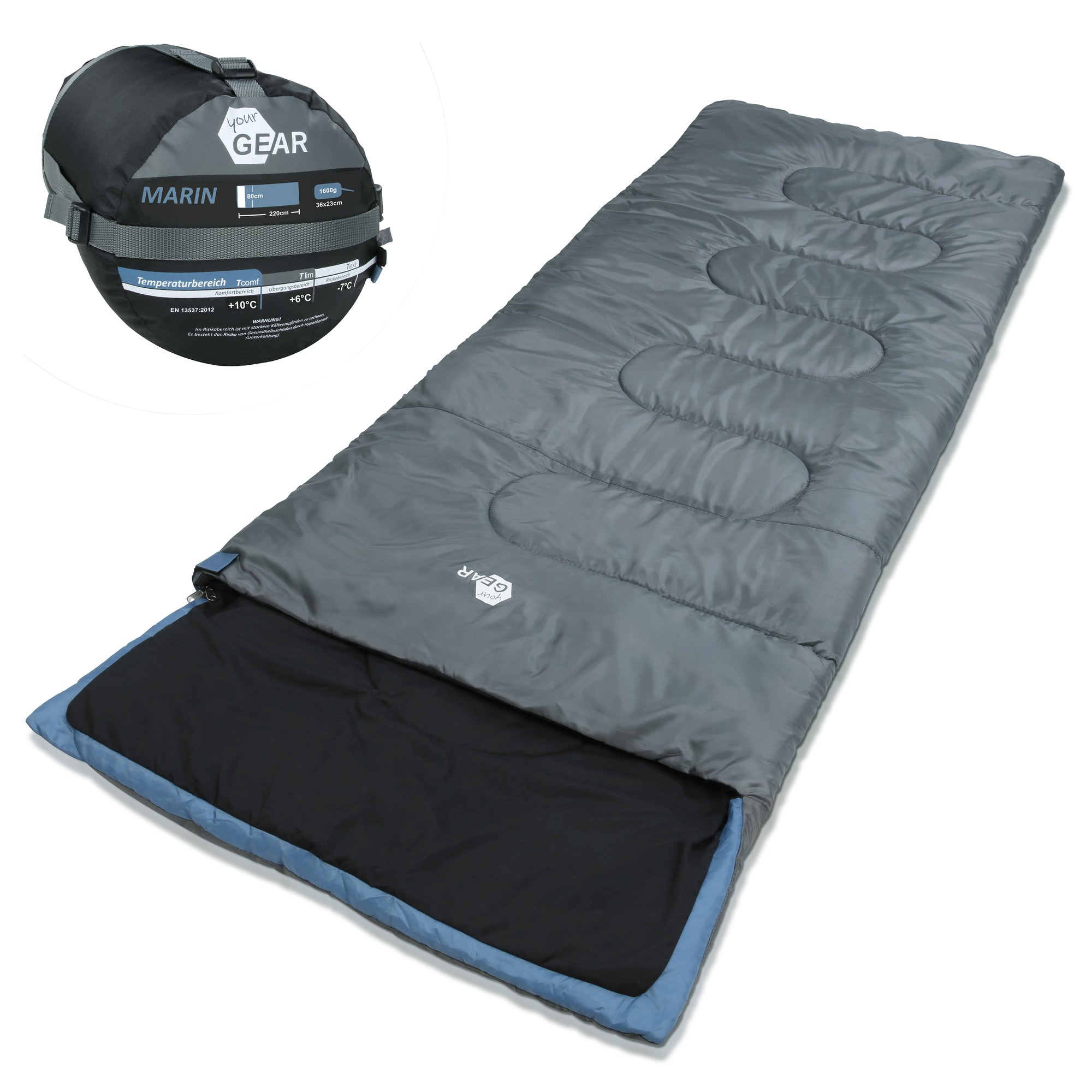 Sac de couchage your GEAR Marin 220x80 cm, bleu et gris, forme rectangulaire avec capuche, adapté 3-4 saisons, doublure chaude, extérieur résistant à l’eau, inclut un sac de transport compact.
