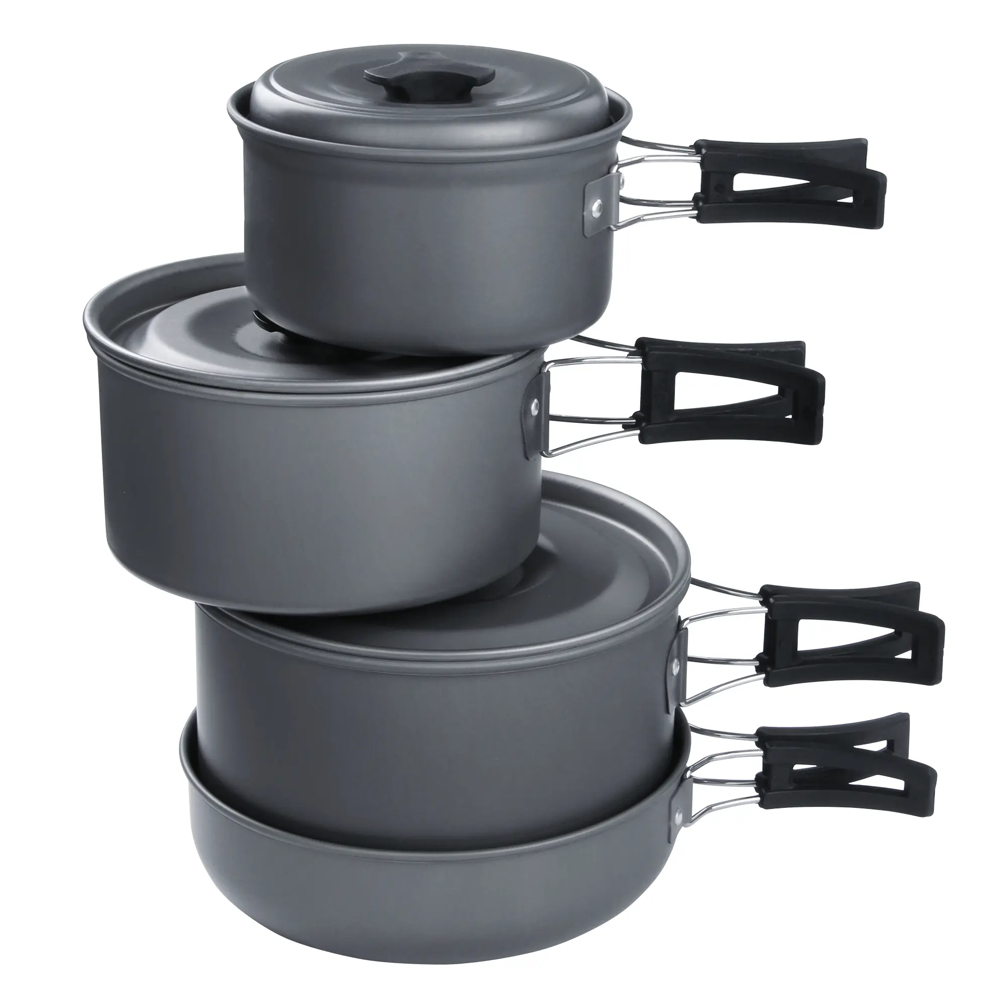 your GEAR Ranger V camping cookware set for 4-5 people, includes three stackable pots with lids and one frying pan, all with foldable black handles, shown compactly nested for easy transport.