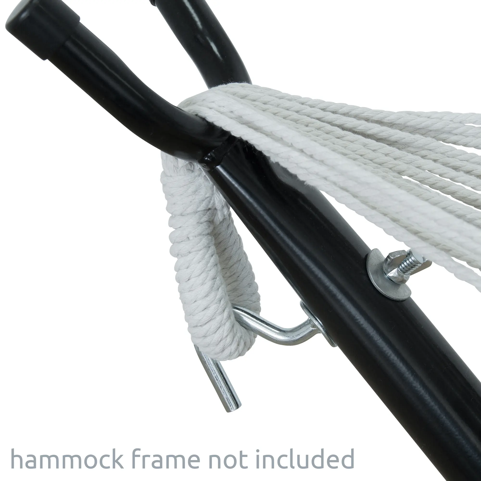 Attache de la hamac yourGEAR Cebu Aqua, corde blanche épaisse en coton fixée à une structure métallique noire, détail de la robustesse et de la finition; cadre non inclus.