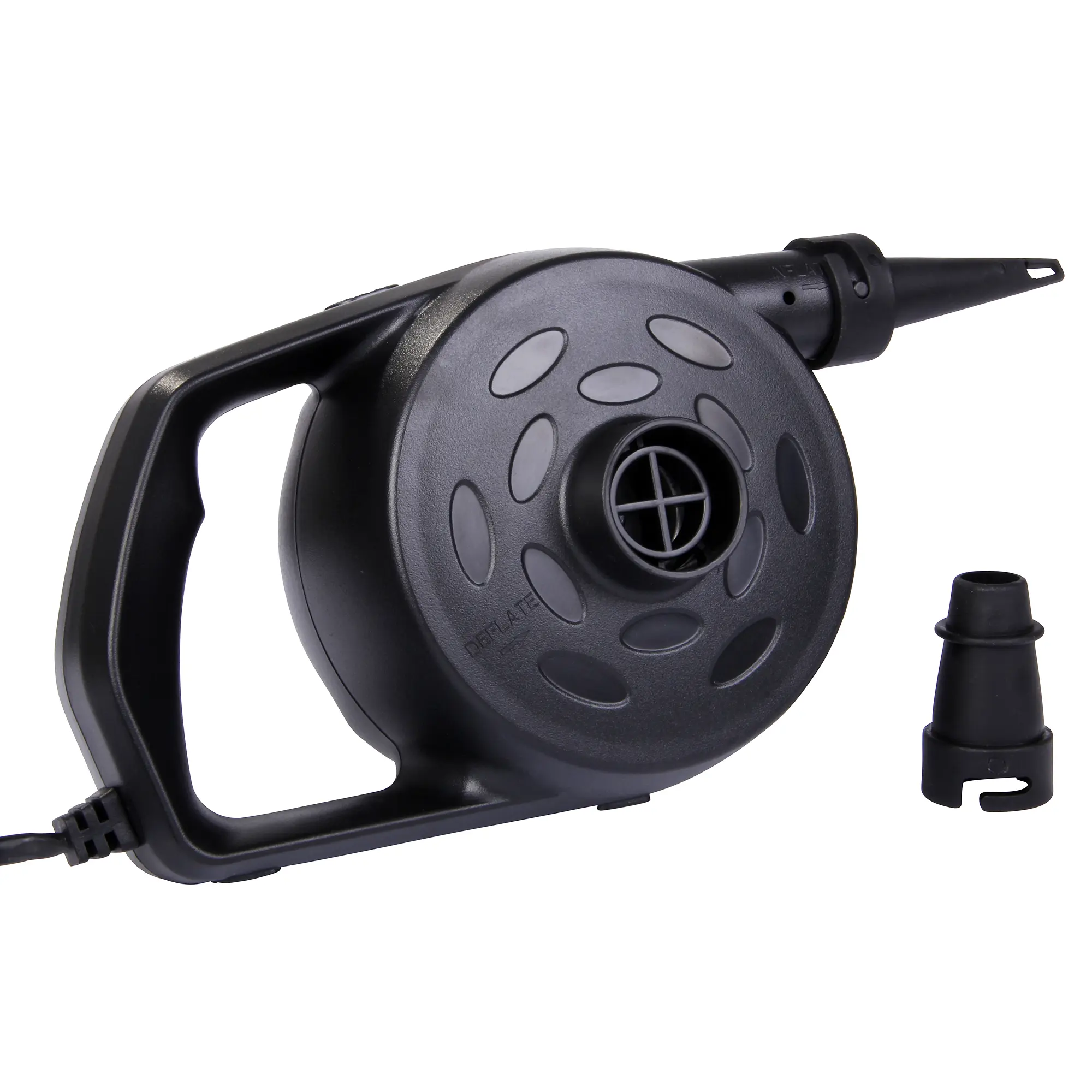 Electric air pump Blueborn P110, 12V, 110W, black, with handle, two nozzles, suitable for inflating and deflating air mattresses, pools, and inflatable boats. Shown with main nozzle and additional adapter.