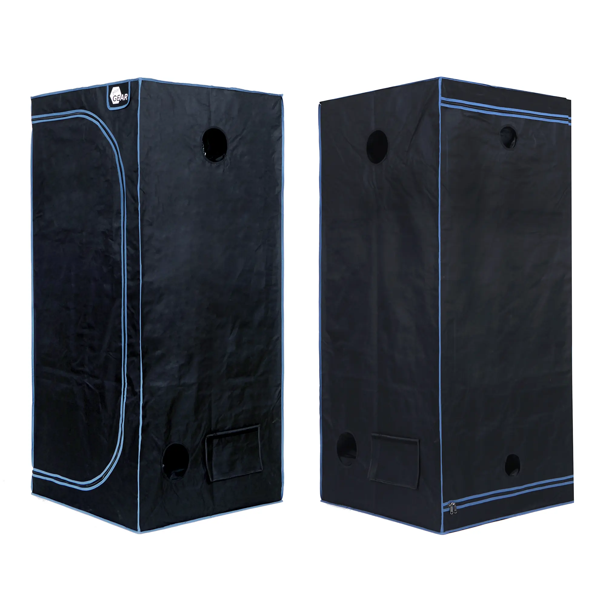 yourGEAR Grow Tent Plantsville 80x80x180 cm, black indoor grow box with blue trim, ventilation openings, and zipper door, suitable for hydroponic plant cultivation, shown from two angles.
