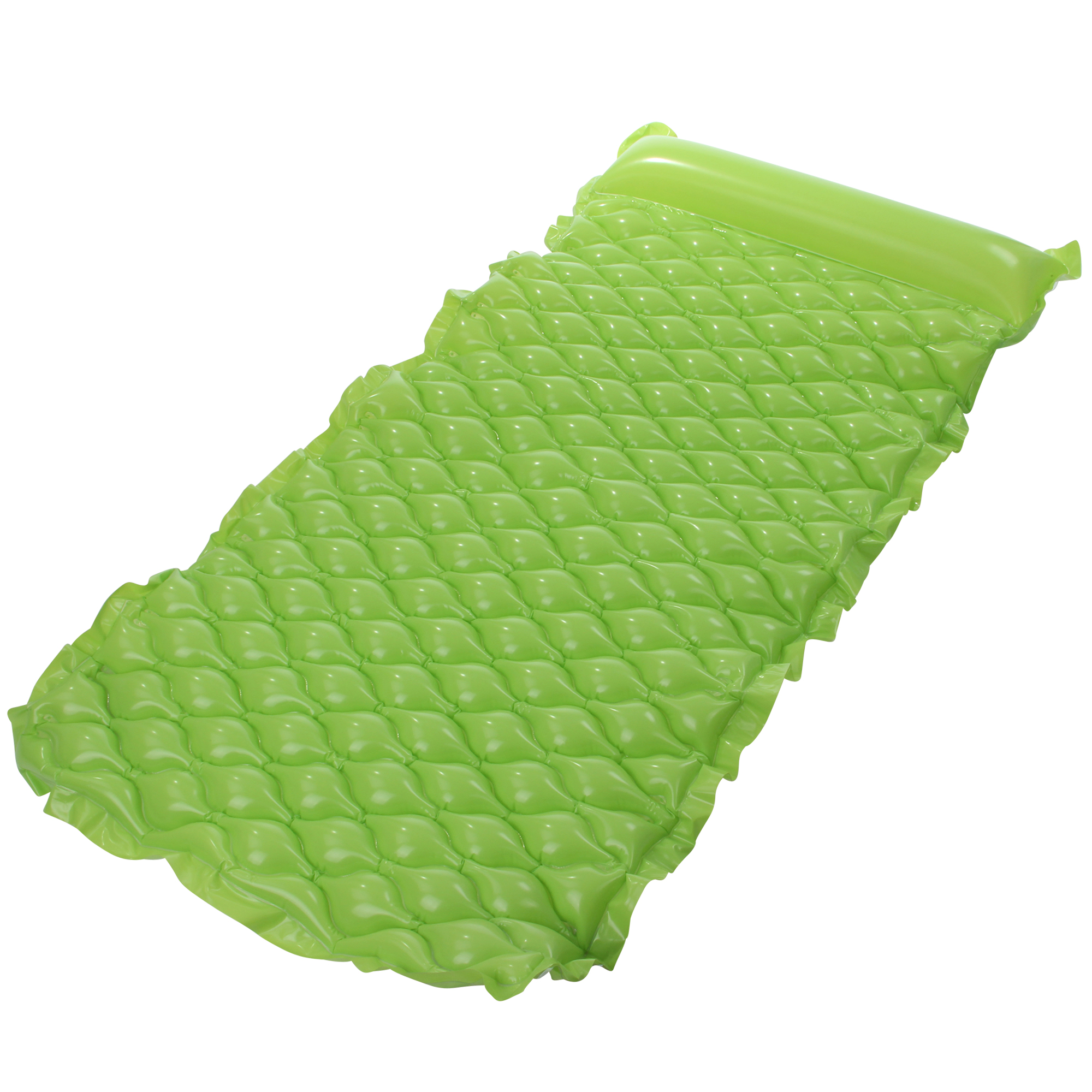 Grüne Jilong Wave Mat Luftmatratze 218x88 cm mit Waffelstruktur und integrierter Kopfstütze, ideal für Pool, Strand und Garten, geeignet für Kinder und Erwachsene.