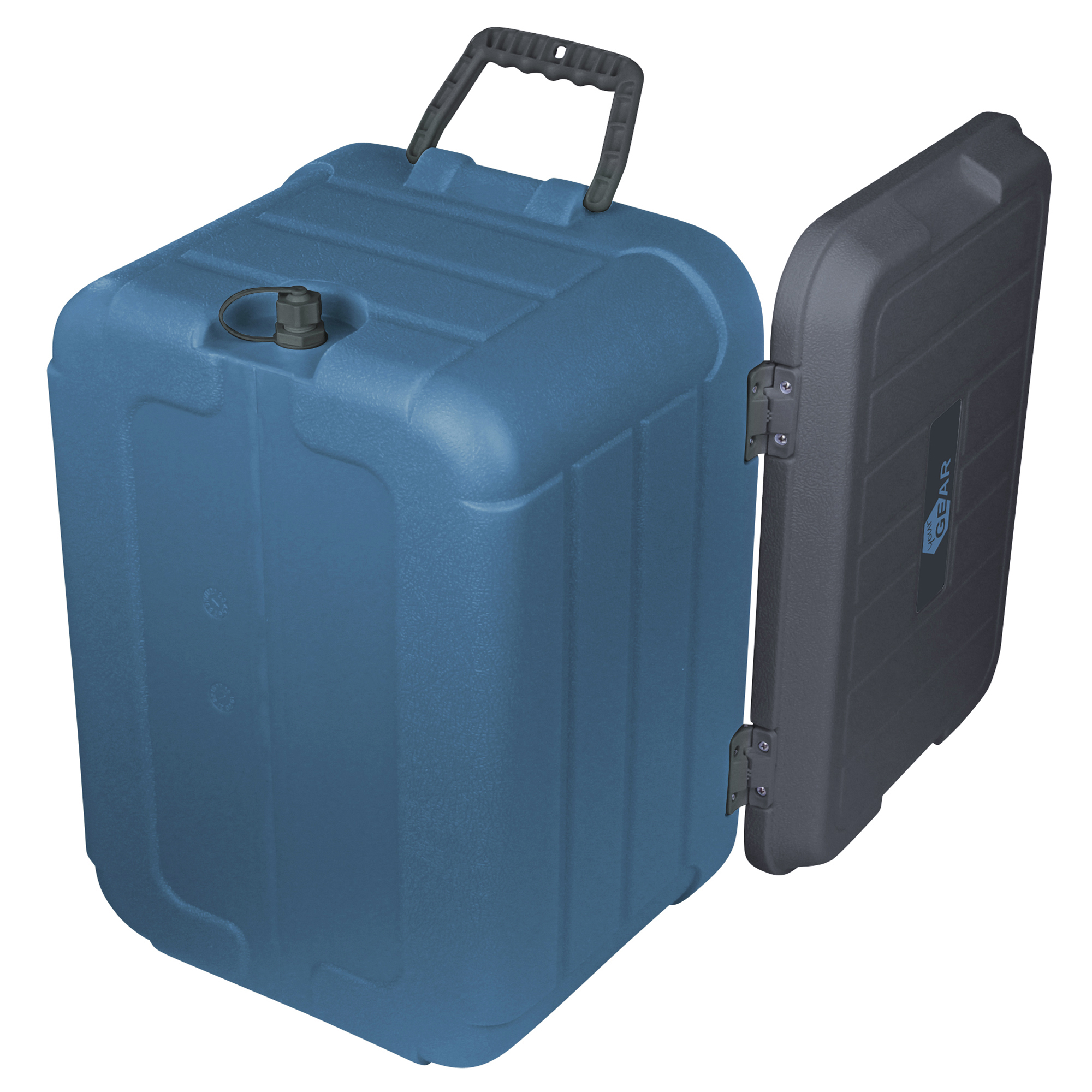 yourGEAR Coolah 30 L Kühlbox in Blau mit schwarzem Deckel, robustem Tragegriff, PU-Schaum-Isolierung und Auslaufventil, geöffnet dargestellt, ideal zum Kühlen oder Warmhalten von Lebensmitteln.