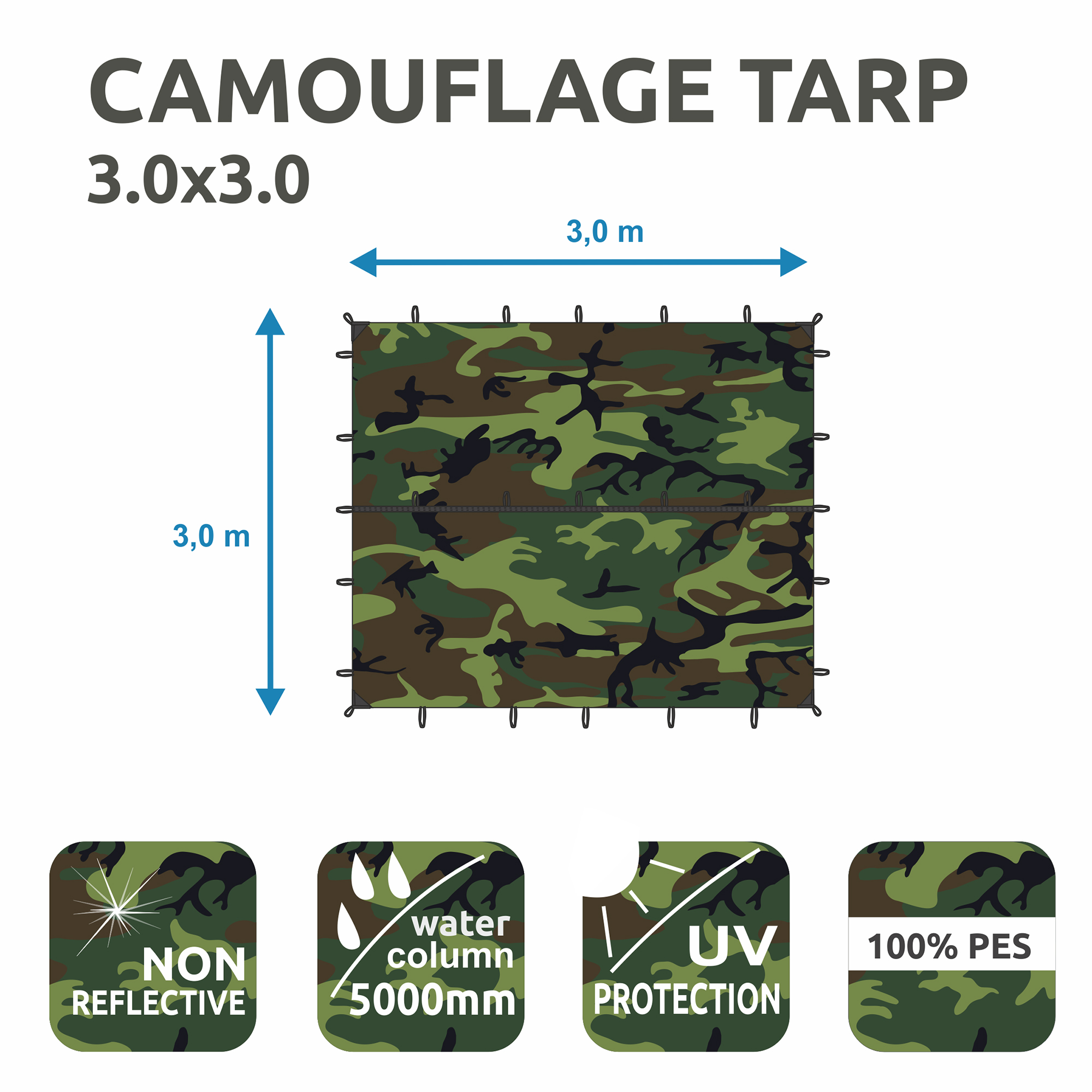 Camouflage yourGEAR Bushcraft Tarp 3x3m, non-reflective, waterproof up to 5000mm, UV protection, made of 100% PES; shown with loops around the edges and icons highlighting key features.