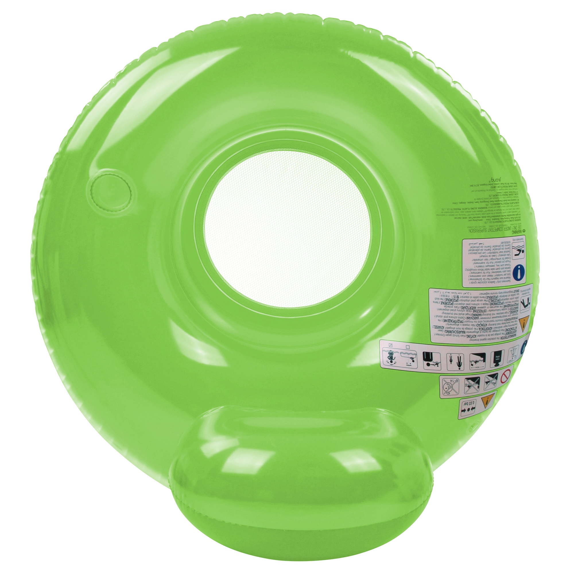 Fauteuil flottant vert Jilong de 118 cm, dossier haut, porte-gobelet intégré, assise confortable en vinyle, adapté piscine ou plage, pour adulte ou enfant, siège rond avec filet central.