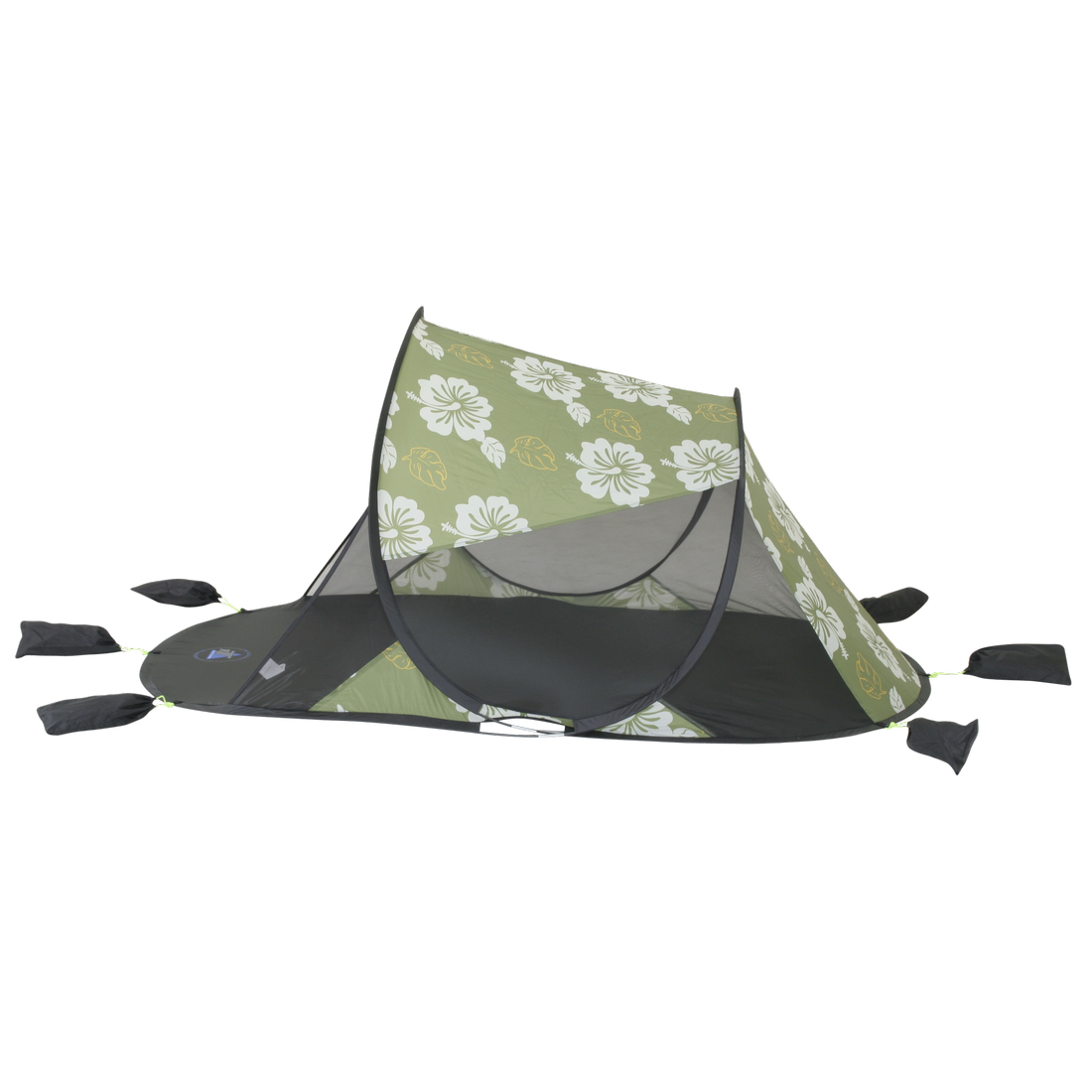 Grüne 10T Pop Up Strandmuschel Flower mit weißen Blumenmuster, Bodenplane, Sandtaschen und Gestänge, UV-Schutz 50+, geeignet für 2 Personen, ideal als Sonnenschutz und Windschutz am Strand.