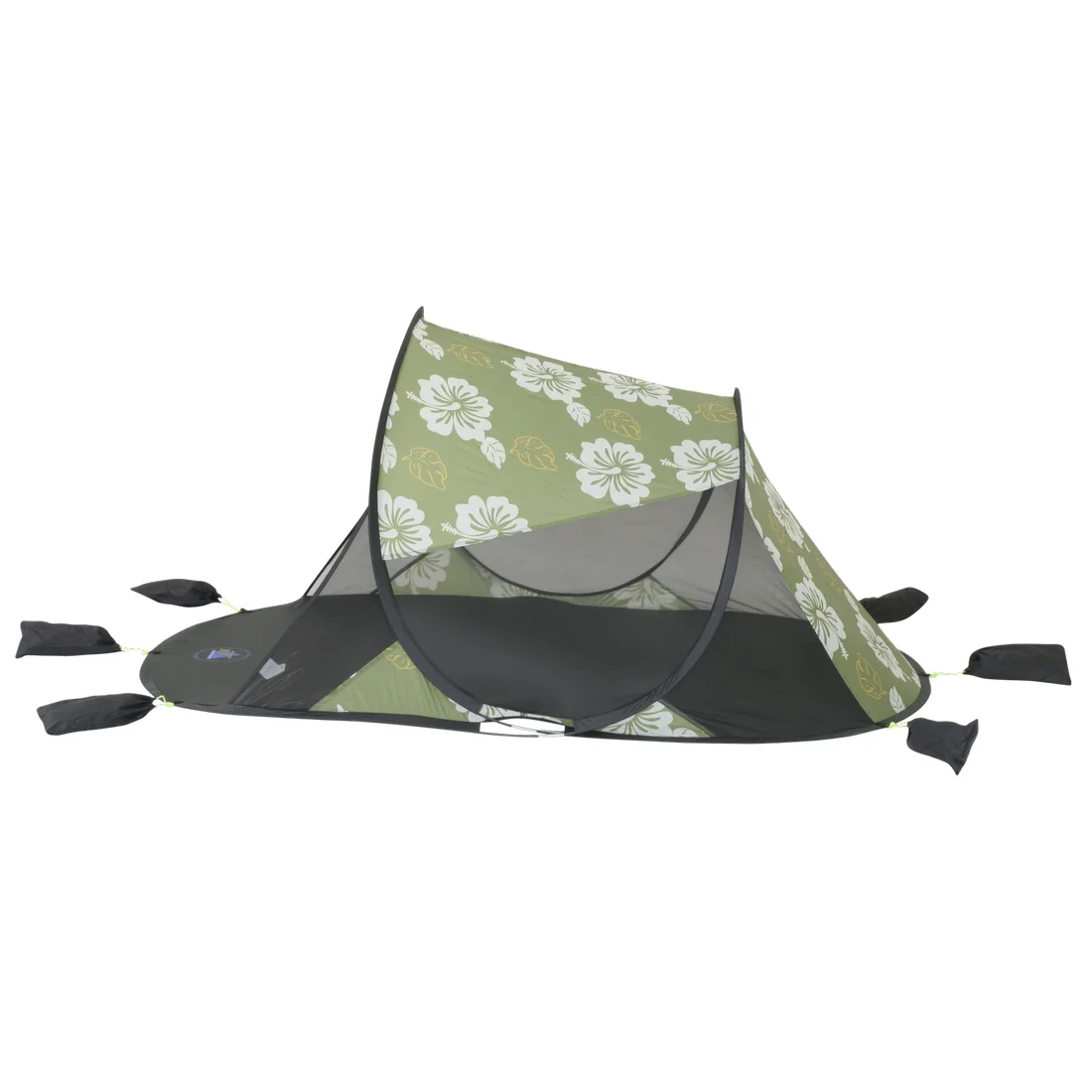 Grüne 10T Pop Up Strandmuschel Flower mit weißen Blumenmuster, Bodenplane, Sandtaschen und Gestänge, UV-Schutz 50+, geeignet für 2 Personen, ideal als Sonnenschutz und Windschutz am Strand.