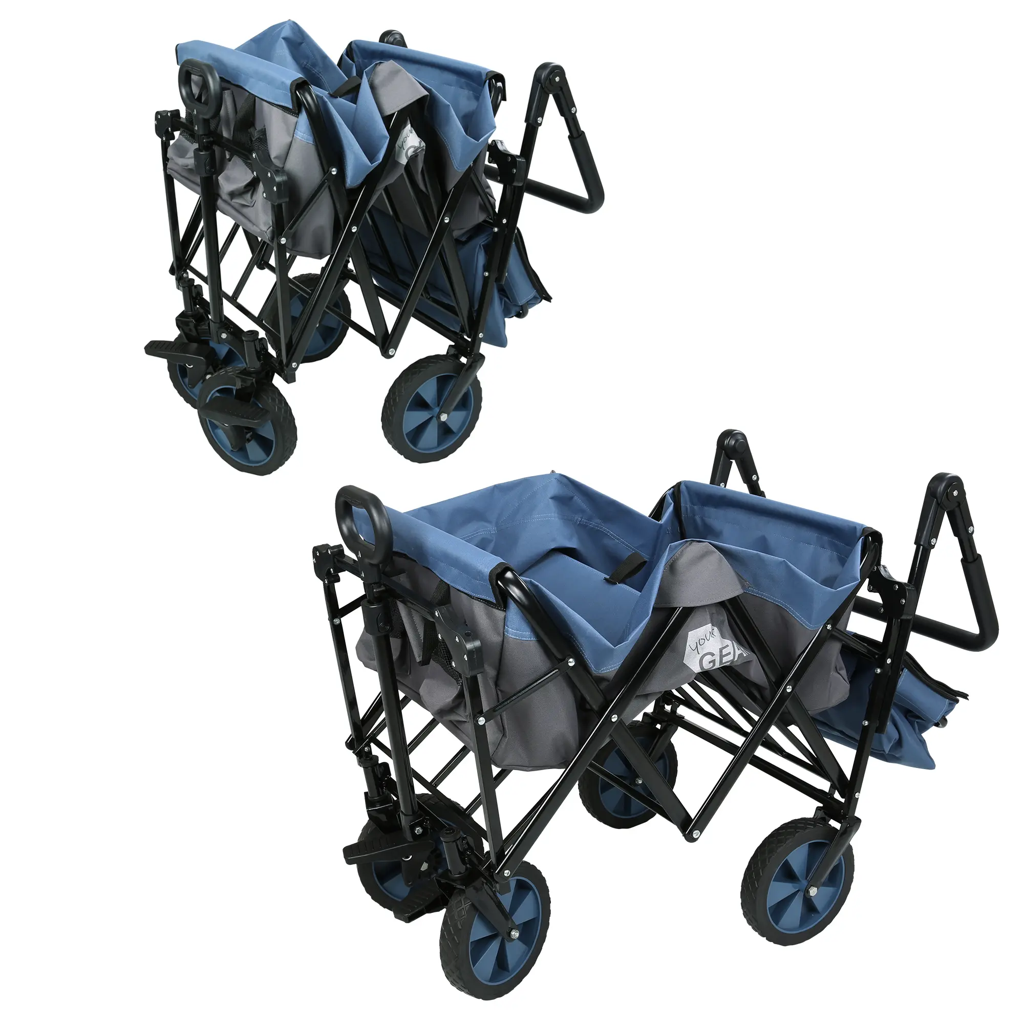 Carro plegable your GEAR Cirrus XL en azul y gris, estructura metálica negra, ruedas de goma, frenos, asa de tiro, diseño compacto y robusto, ideal para camping y actividades al aire libre, capacidad hasta 80 kg.