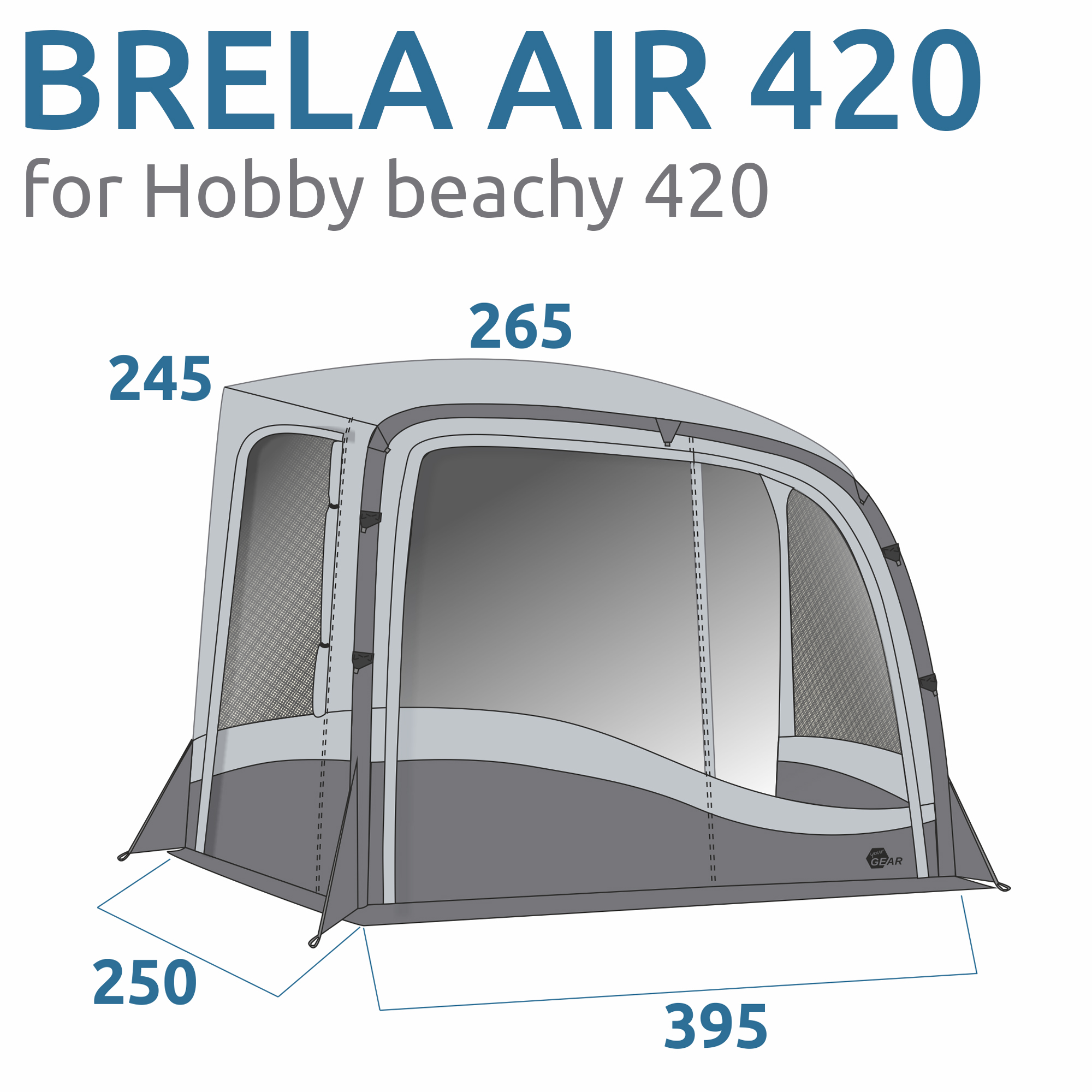 Illustration eines Vorzelts „Brela Air 420“ mit den Maßen 265 cm Höhe, 245 cm Seitenhöhe, 250 cm Tiefe und 395 cm Breite, passend für Hobby beachy 420.
