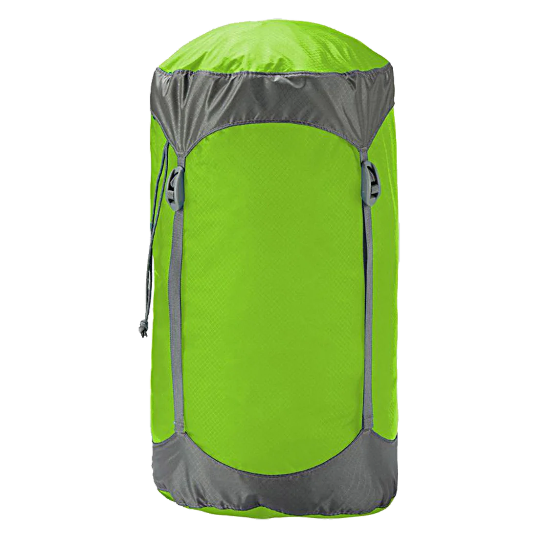 Trekmates 10L Packsack aus grünem Nylon mit grauen Kompressionsriemen und Kordelzug, wasserabweisend und robust, ideal für Schlafsäcke oder Outdoor-Ausrüstung, zylindrische Form.
