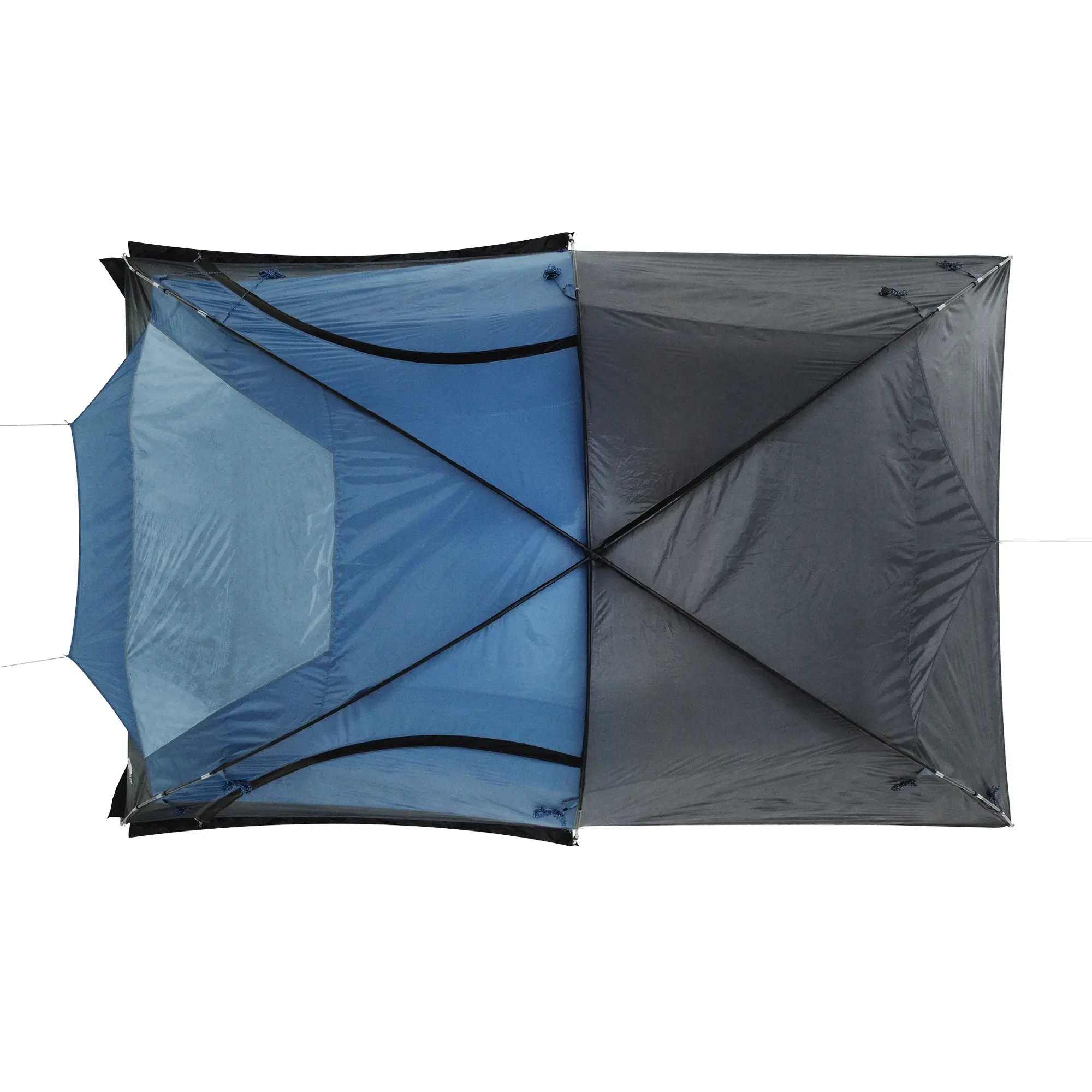 your GEAR Chinook 4 Kuppelzelt für 4 Personen in Blau und Grau, von oben fotografiert, mit großem Wohnraum, steilen Seitenwänden und Seiteneingang, ideal für Familien-Camping.
