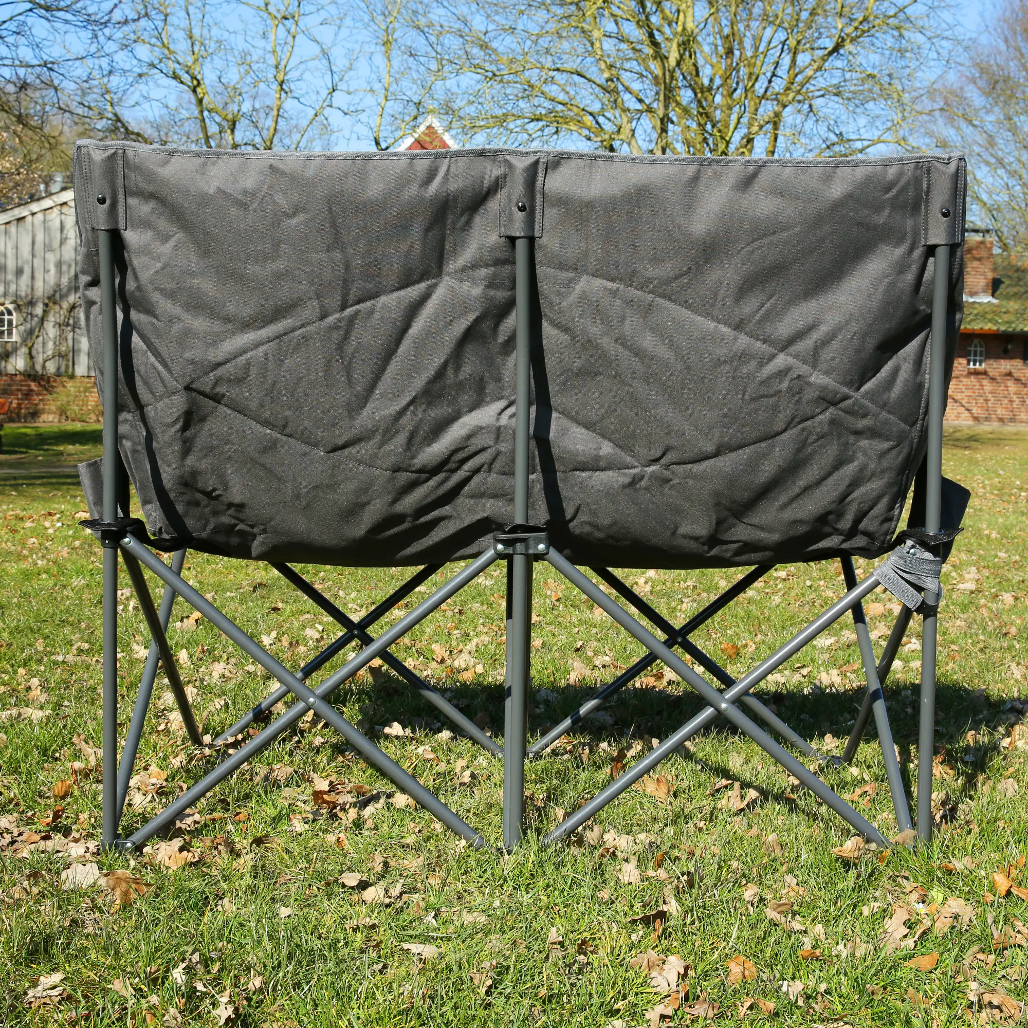 Canapé de camping XXL your GEAR Modena pour 2 personnes, dossier et assise rembourrés, structure en acier robuste, tissu Oxford gris, pliable, conçu pour extérieur, supporte jusqu’à 320 kg.