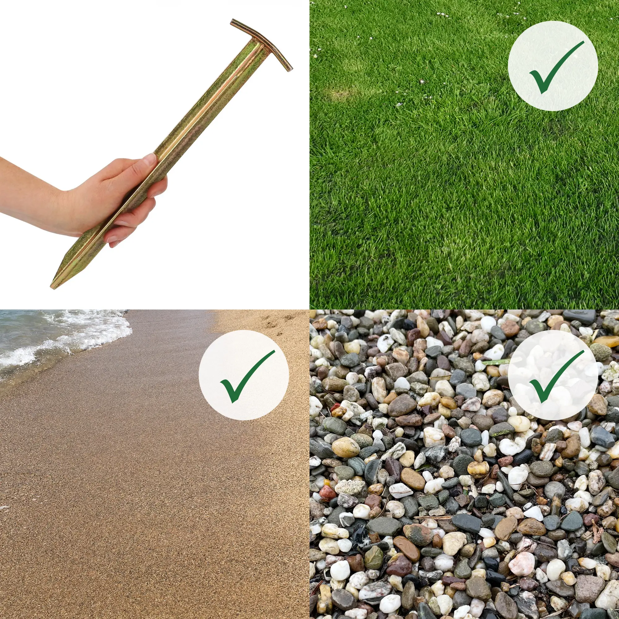 Zelthering aus Stahl mit T-Profil, 300 mm lang, von Hand gehalten; geeignet für Rasen, Sand und Kies, jeweils mit grünem Häkchen markiert. Ideal als robuster Erdnagel für Zelte und Outdoor-Einsatz.