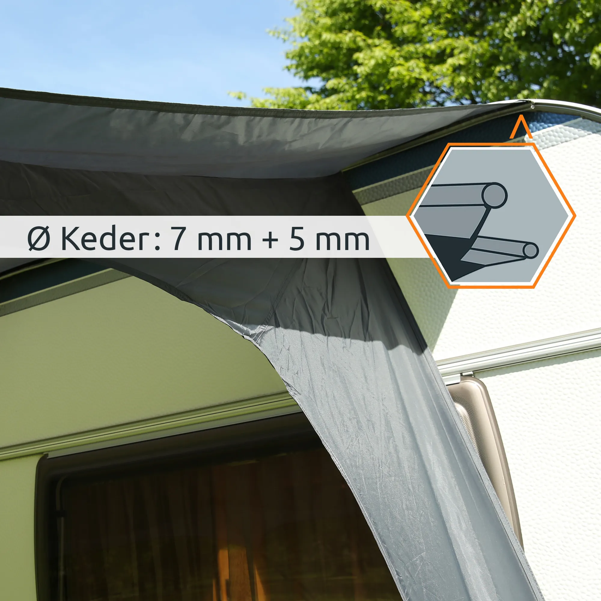 Grey your GEAR Scilla PES caravan sunroof awning attached to a motorhome with visible 7mm and 5mm double keder strip, water-resistant fabric and curved support pole under a sunny sky