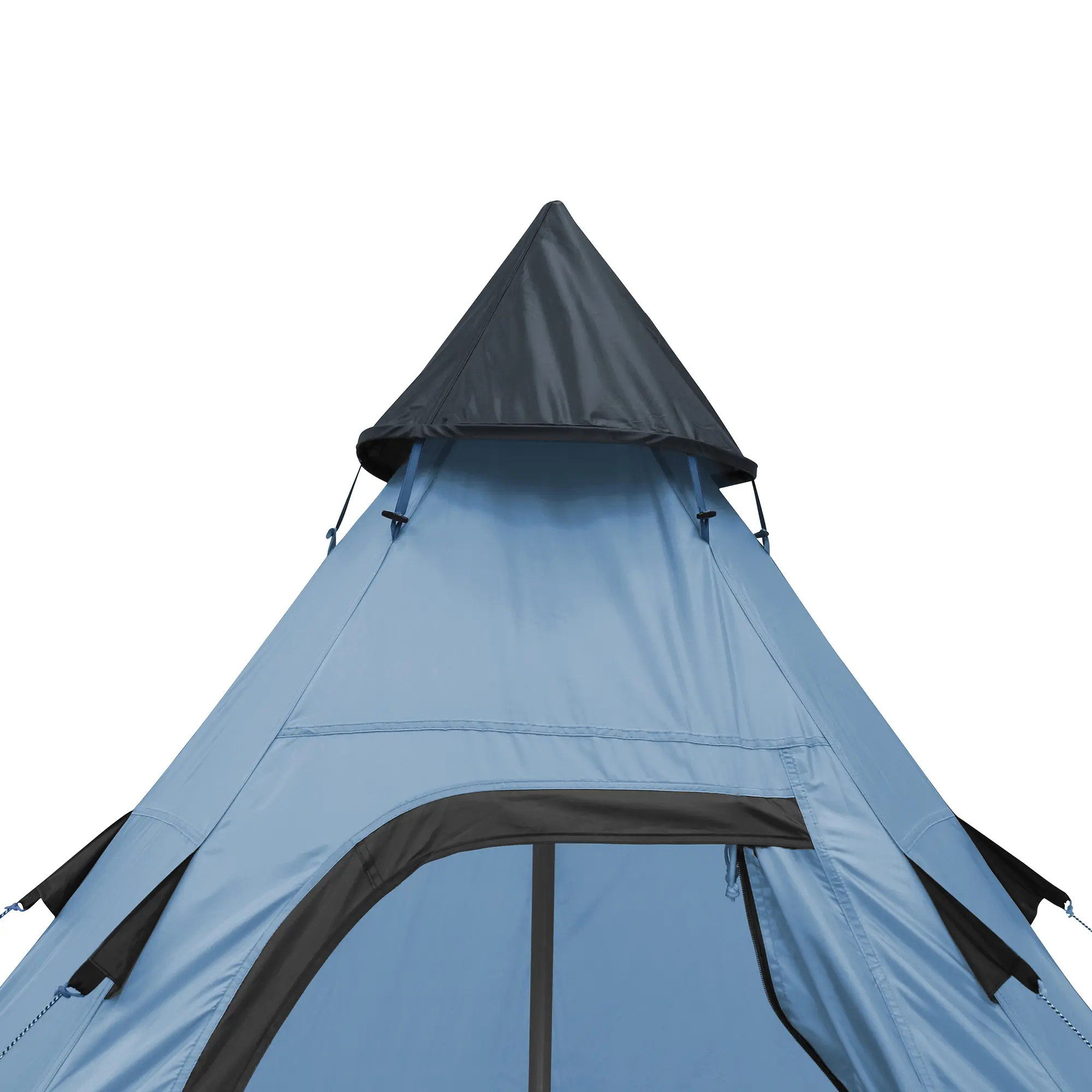Tipi tent your GEAR Lido 290 for 3 people, shown in blue with black accents, featuring a high peak, integrated groundsheet, ventilation flaps, and mesh door for insect protection. Waterproof up to 5000 mm.