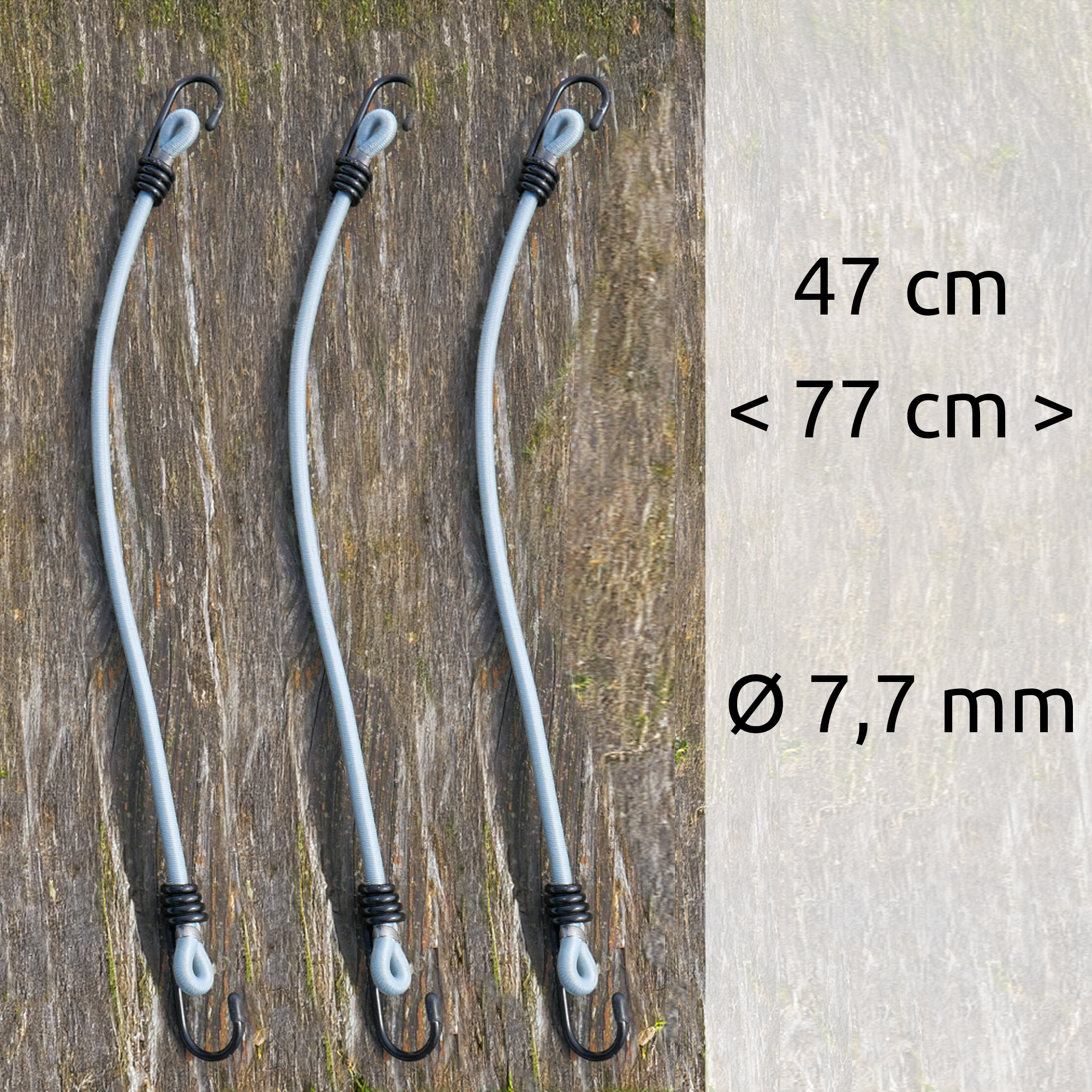 Three elastic tension cords with metal hooks for securing the your GEAR Caravan Bugschutzplane Thermo 200 x 160 cm, shown on wood. Text indicates lengths of 47 to 77 cm and a diameter of 7.7 mm.