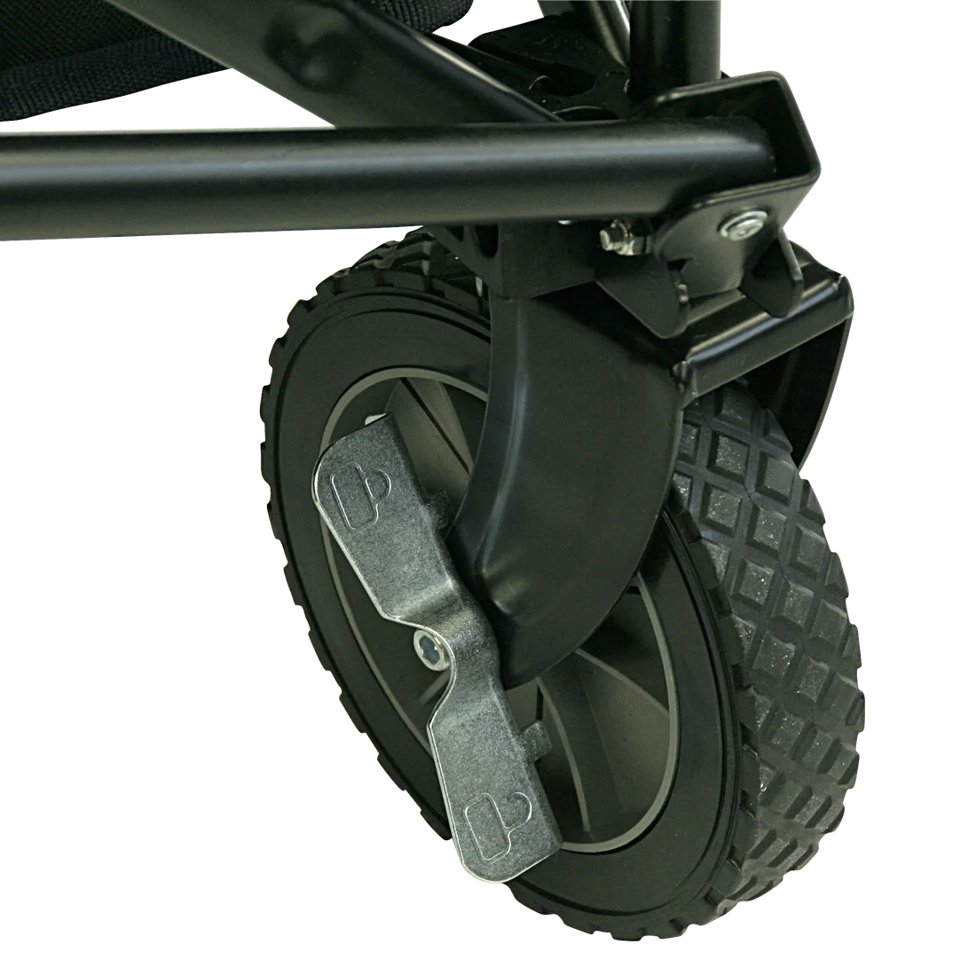 Rueda delantera del carro plegable 10T Foldy Trolley XL con freno metálico, neumático robusto y estructura de acero, ideal para playa y exteriores. Detalle del diseño resistente y funcional.