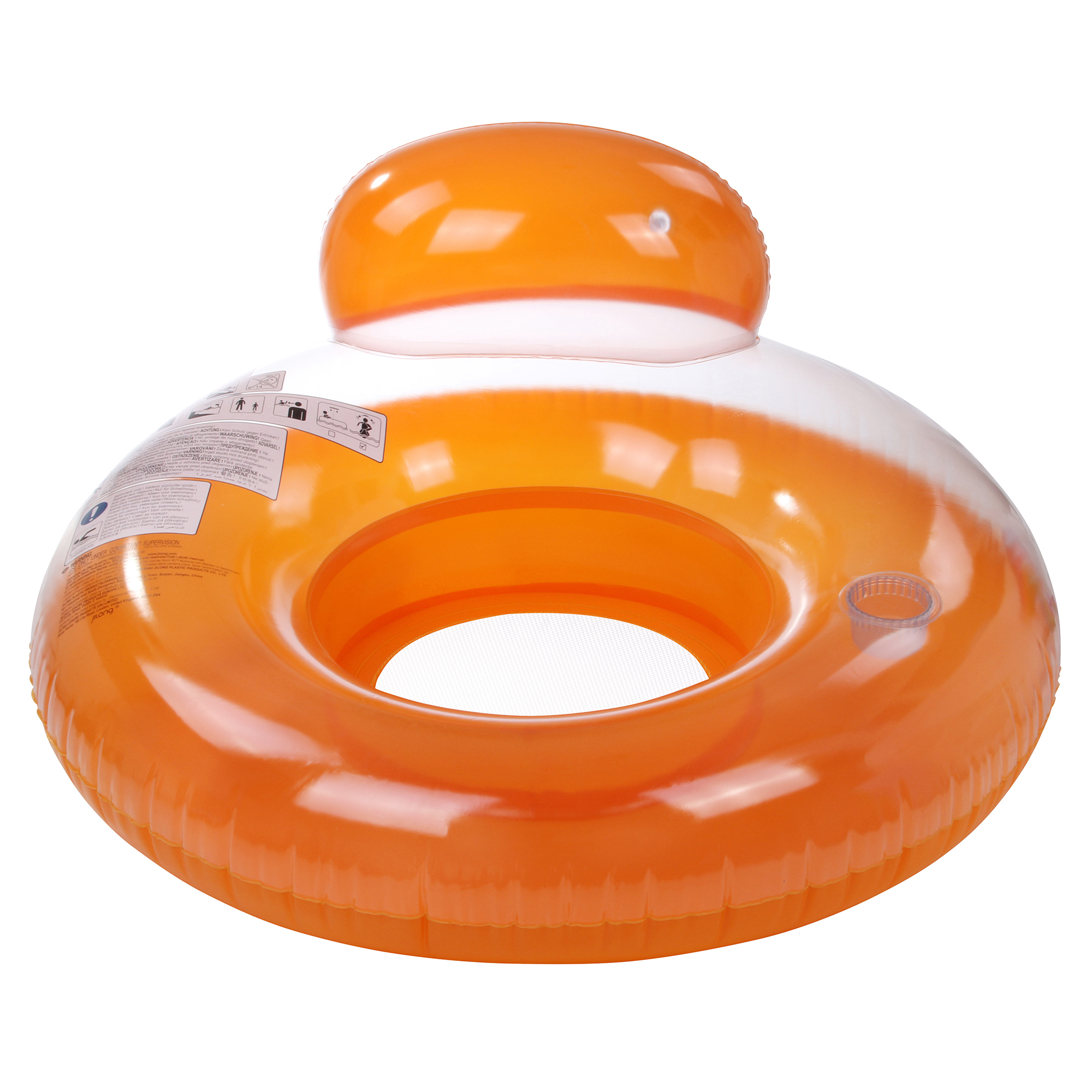 Bouée lounge orange Jilong de 118 cm avec dossier haut, porte-gobelet intégré et assise filet, conçue pour une personne, idéale pour piscine, plage ou lac. Vinyle résistant, adaptée adultes et enfants.