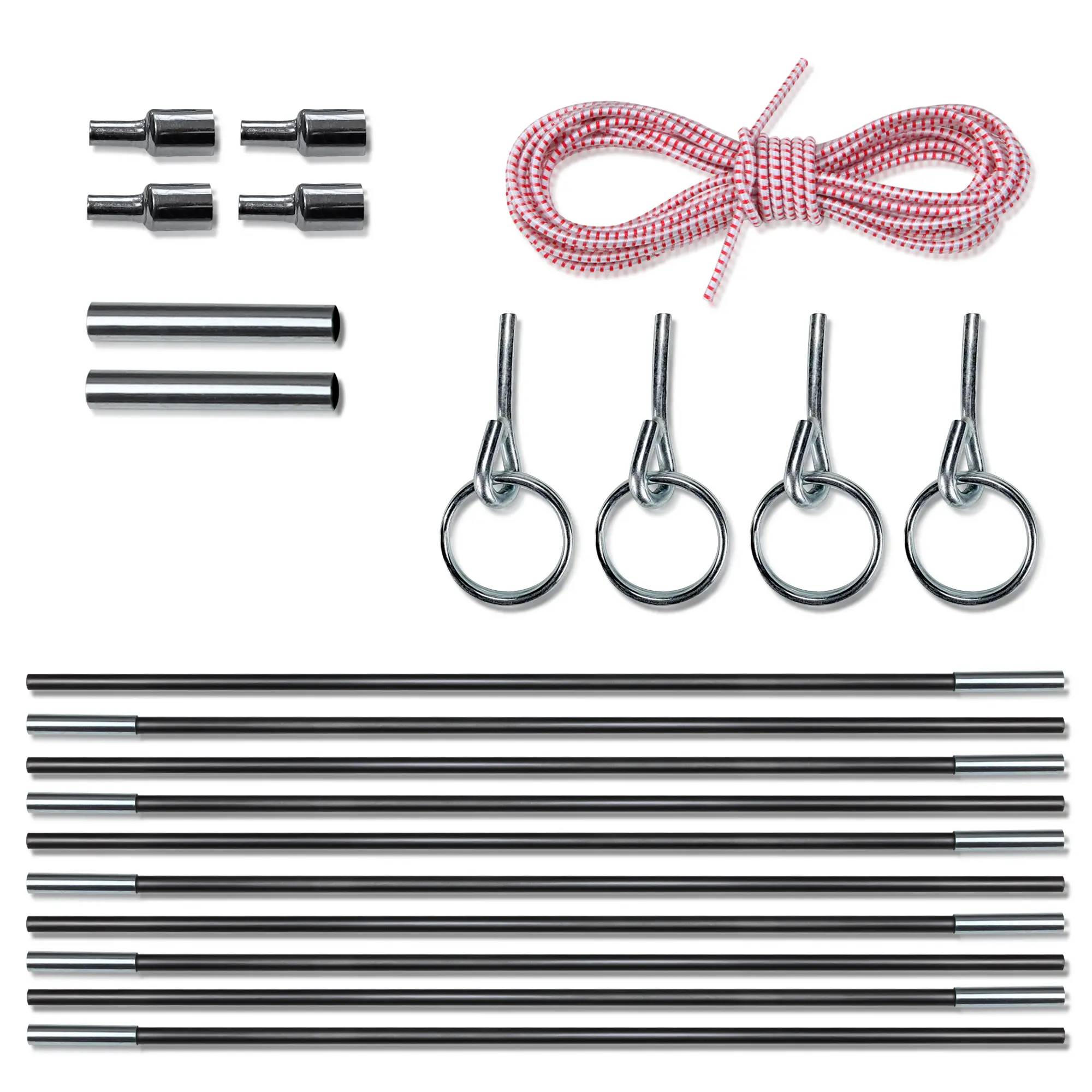 your GEAR FRP 9.5 mm fiberglass tent pole repair kit with eight black pole segments, four metal ferrules, two connectors, four end pins with rings, and one elastic cord, ideal for tent frame replacement.