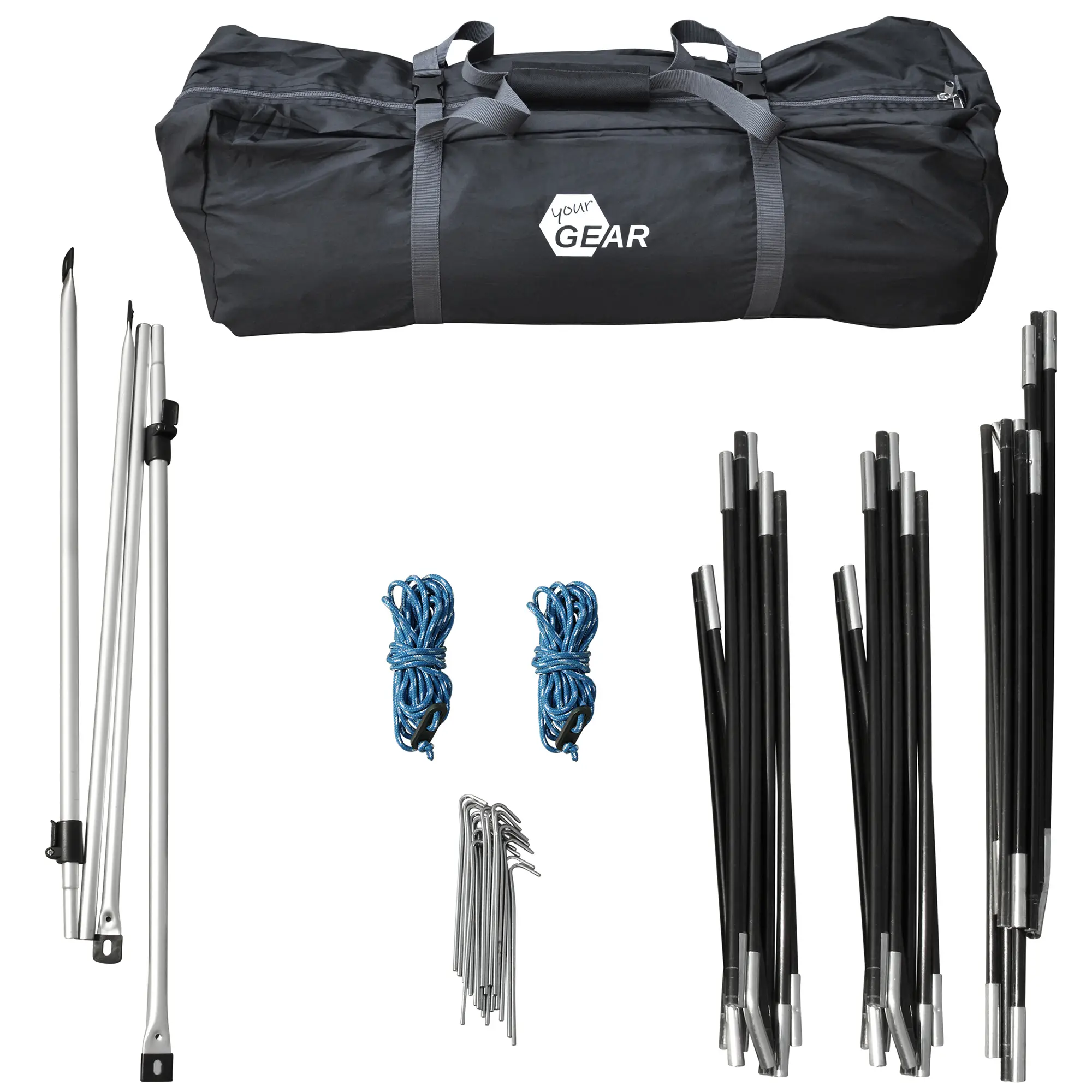 Sac de transport noir your GEAR, arceaux en aluminium, piquets, cordes et éléments de structure du busvorzelt Rimini 300, accessoires pour montage d’un auvent de voyage pour bus et van.