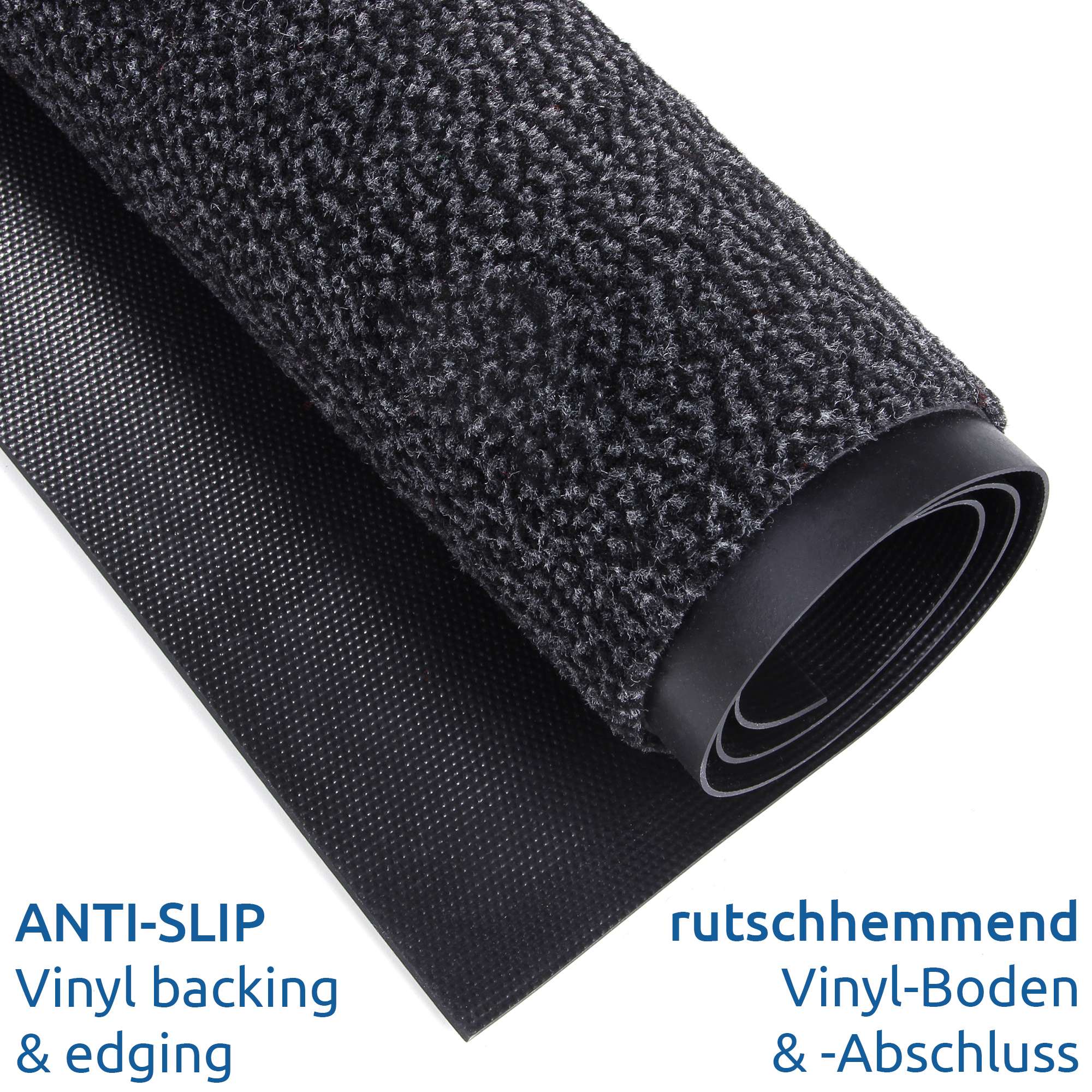 yourGEAR dirt-trapping mat 60x45cm, dark grey, dense velour pile, anti-slip vinyl backing and edging, suitable for indoor and outdoor use, rolled up to show texture and non-slip bottom.