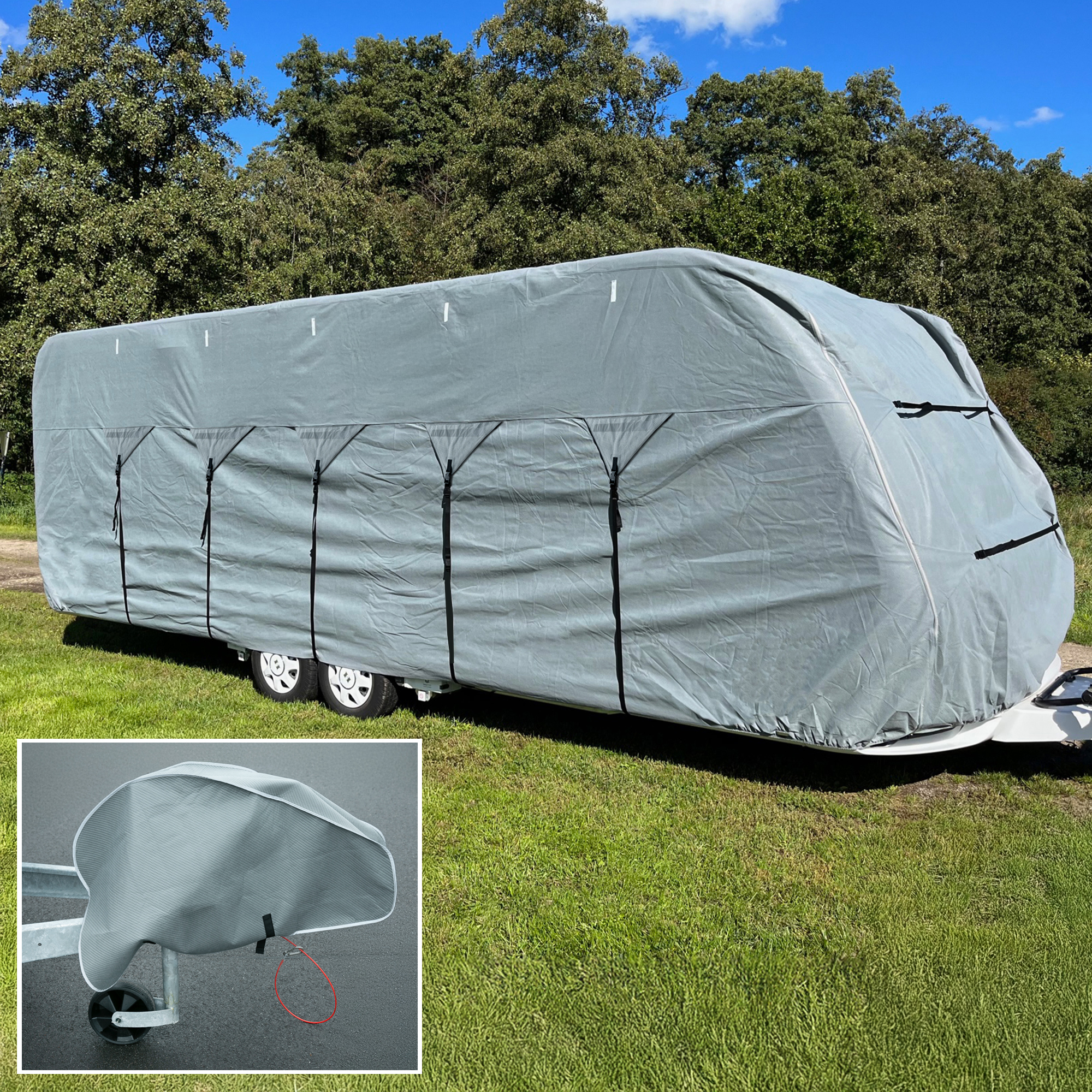 Graue your GEAR Wohnwagenabdeckung Bonito 670–710 aus vierlagigem Material, passend für Caravans 670–710 cm Länge, 230–250 cm Breite, mit schwarzen Befestigungsgurten und separater Deichselabdeckung.