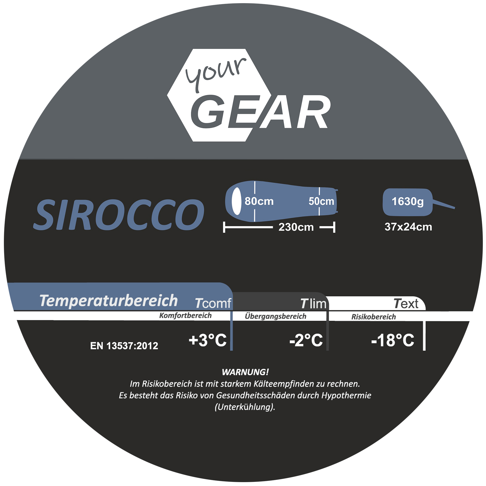 Sacco a pelo yourGEAR Sirocco blu-grigio, misura 230x80 cm, forma a mummia, temperatura comfort +3°C, limite -2°C, estremo -18°C, peso 1630g, con sacca compressione 37x24cm.