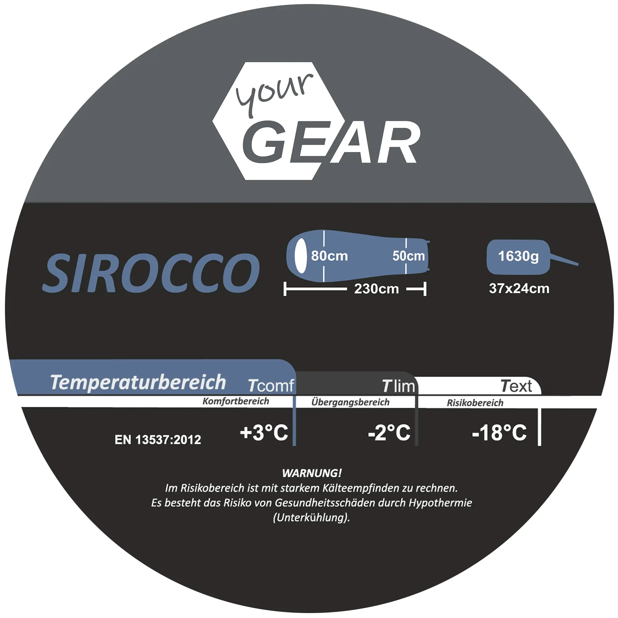 yourGEAR Sirocco sleeping bag label showing blue-grey mummy shape, 230x80 cm, 1630g, pack size 37x24 cm, temperature range +3°C to -18°C, suitable for 3-4 seasons, with comfort and risk values.