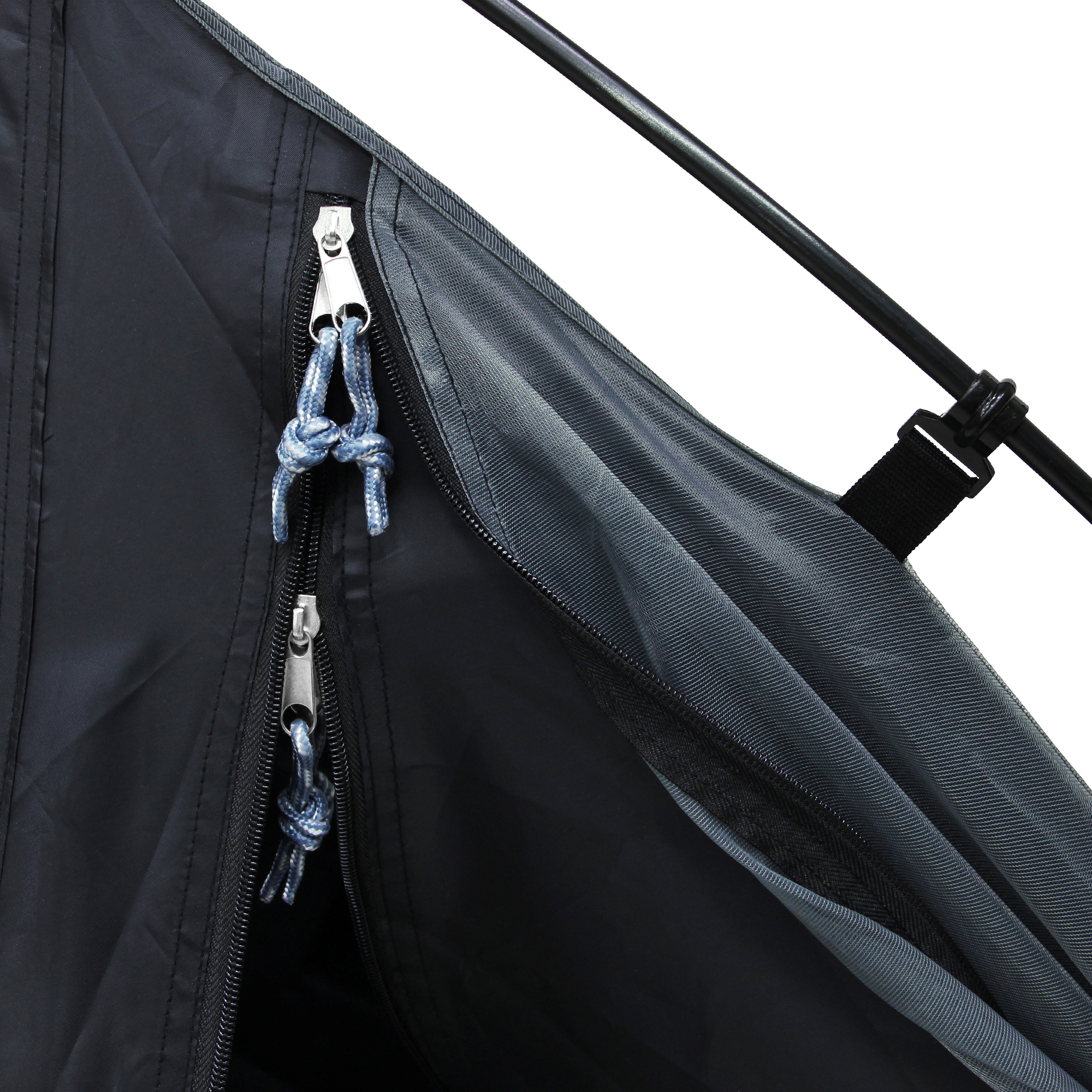 Close-up of your GEAR ORA 2 trekking tent showing double zippers with blue pull cords, durable waterproof fabric, and mesh insect protection layer, highlighting quality materials and weather resistance.