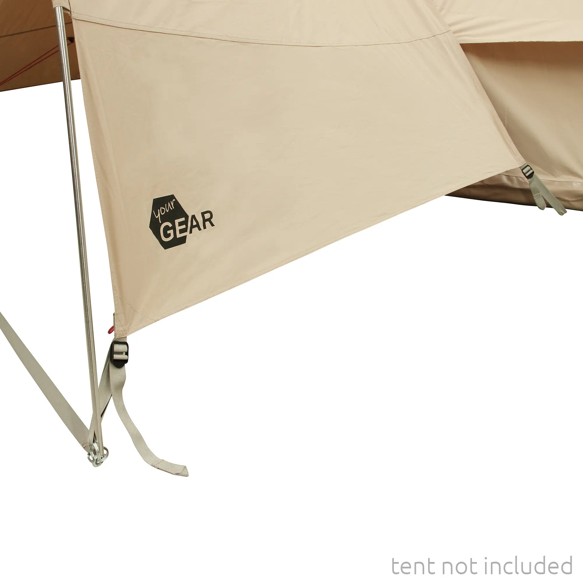 Beige your GEAR Canopy Porch Desert Pro 8/10 universal awning, 300x140x195 cm, breathable cotton-polyester TC fabric, aluminum poles, logo on side, shown set up as porch; tent not included.