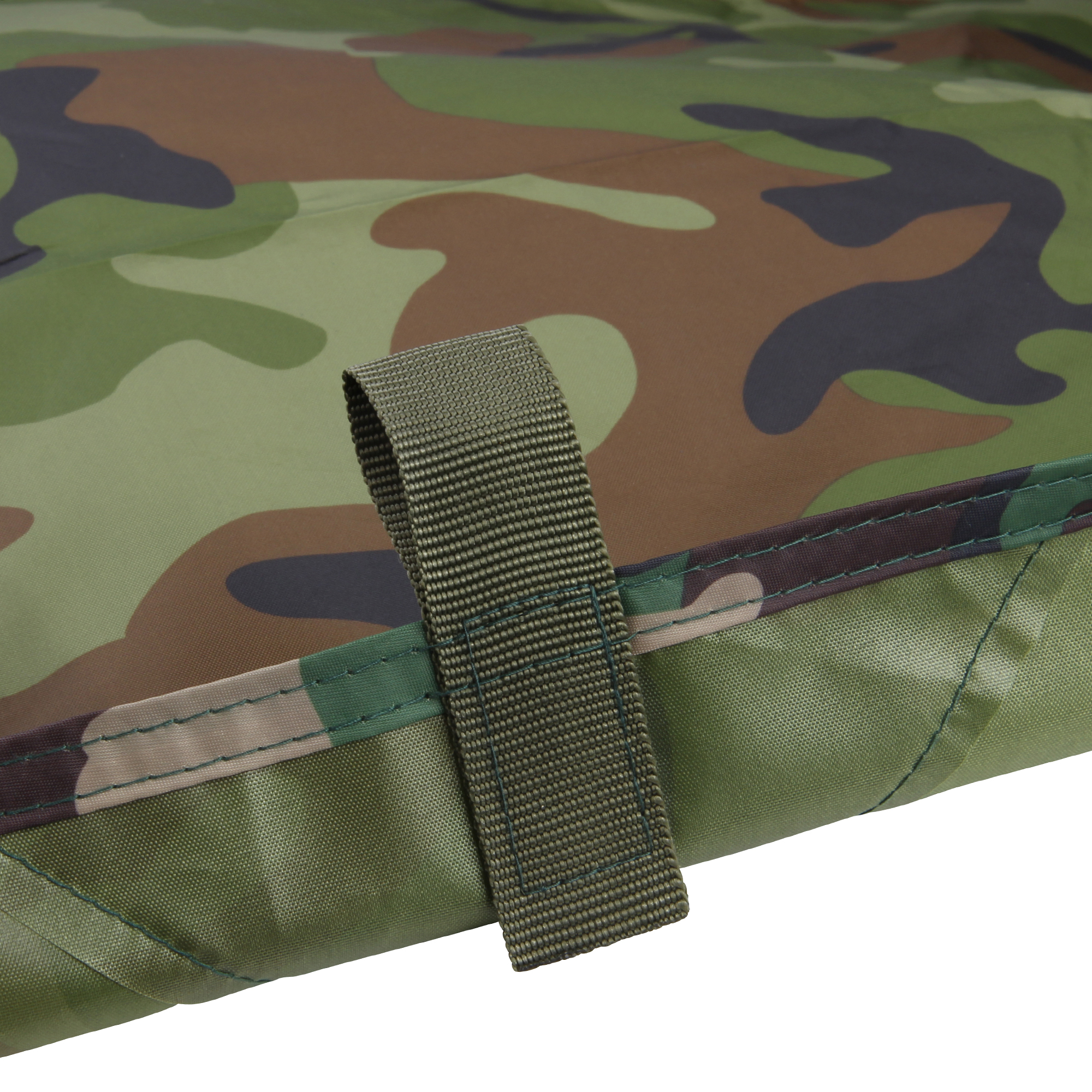 Close-up of the yourGEAR Bushcraft Tarp 3x3 in camouflage pattern, showing reinforced stitching and a strong attachment loop for secure setup; waterproof and UV 50+ sun protection.