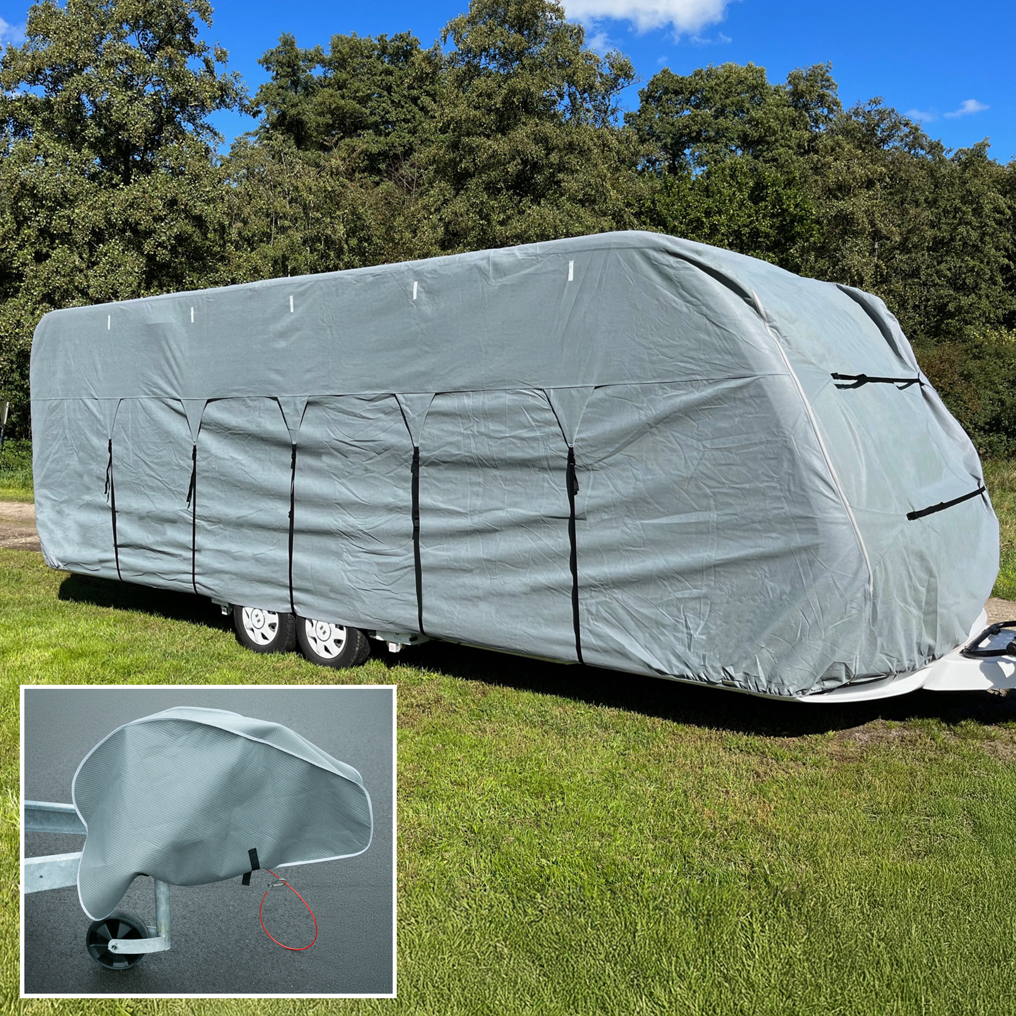 Graue your GEAR Wohnwagenabdeckung Bonito 510-550 aus vierlagigem Material, komplett über Wohnwagen gespannt, mit schwarzen Befestigungsgurten und separater Deichselabdeckung, schützt vor Witterungseinflüssen.
