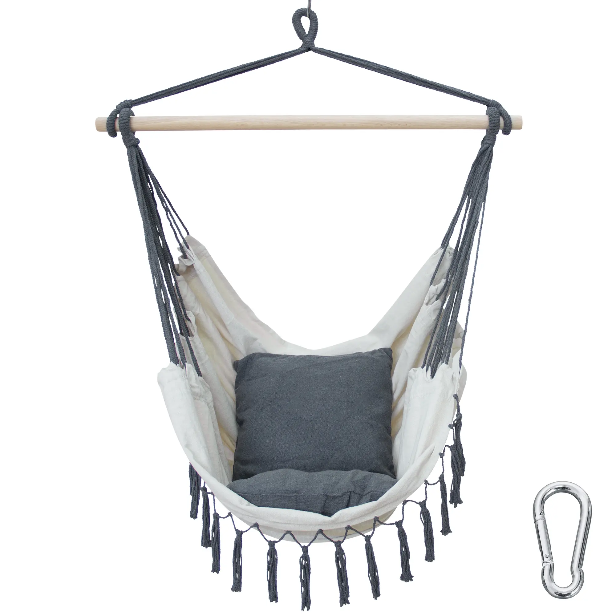 yourGEAR Elba XL hanging chair in beige with two grey cushions, sturdy wooden bar, dark suspension ropes, decorative fringe, and included metal carabiner for secure mounting. Suitable for indoor and outdoor use.