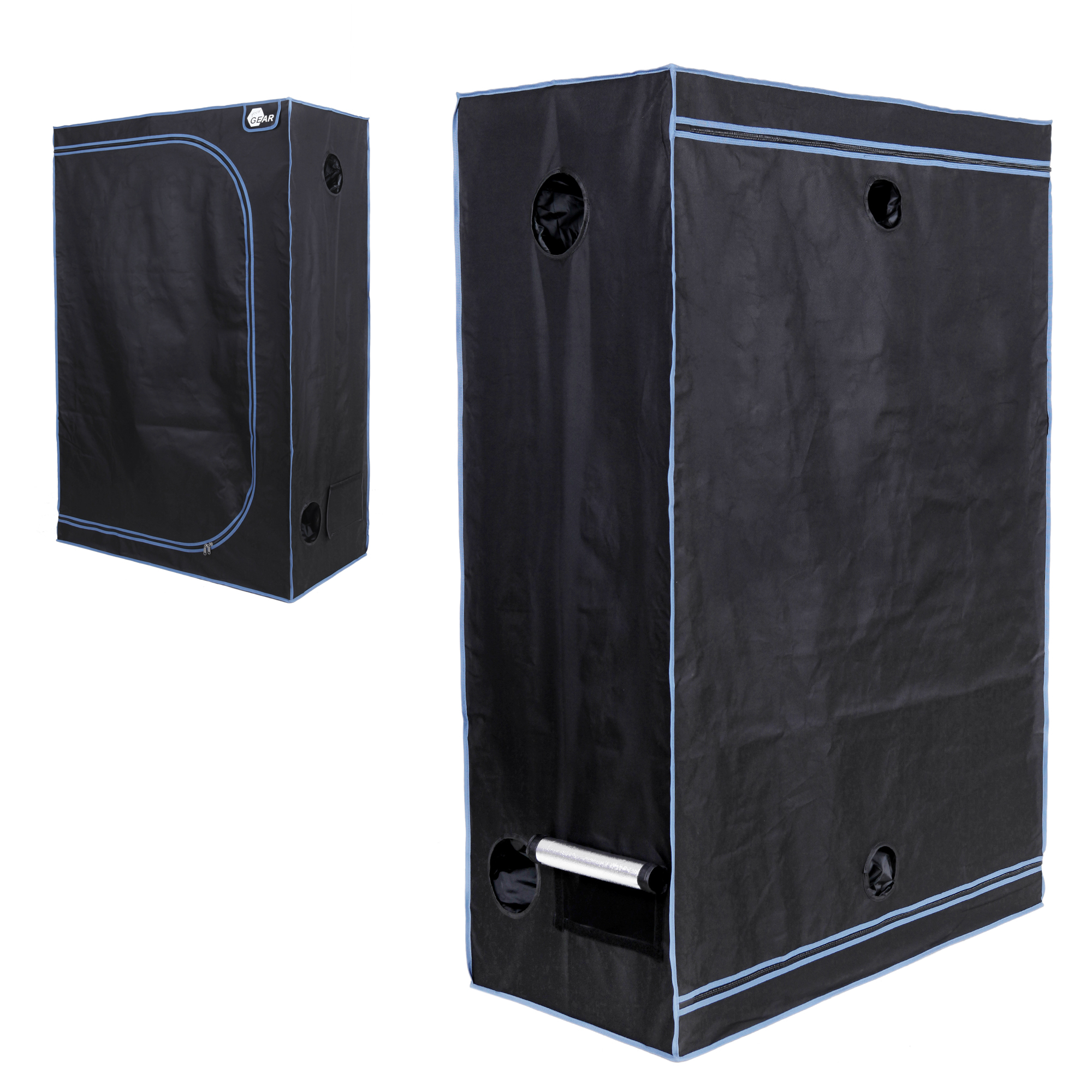Growzelt yourGEAR Plantsville 120x60x180 cm, schwarze Indoor-Growbox mit blauen Nähten, mehreren Belüftungsöffnungen, rechteckige Form, geeignet für Pflanzenanzucht und Indoor-Gewächshaus.