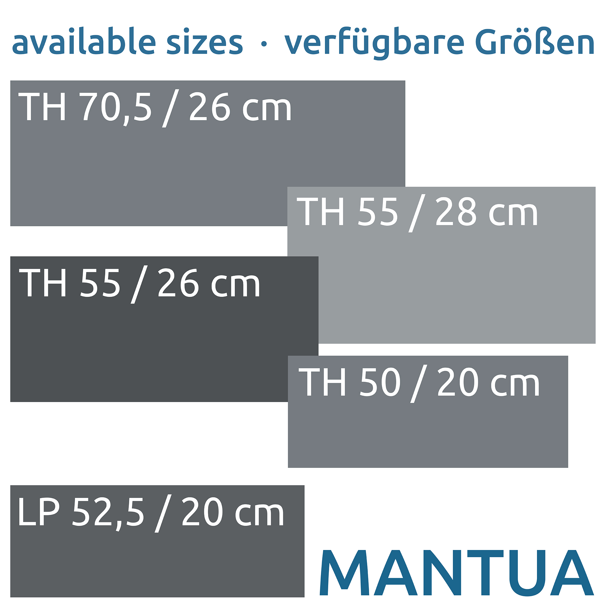 Tailles disponibles de la marche de tapis your GEAR Mantua pour camping-car, modèles TH et LP, avec dimensions 70,5x26 cm, 55x28 cm, 55x26 cm, 50x20 cm et 52,5x20 cm, présentées sur fond gris.