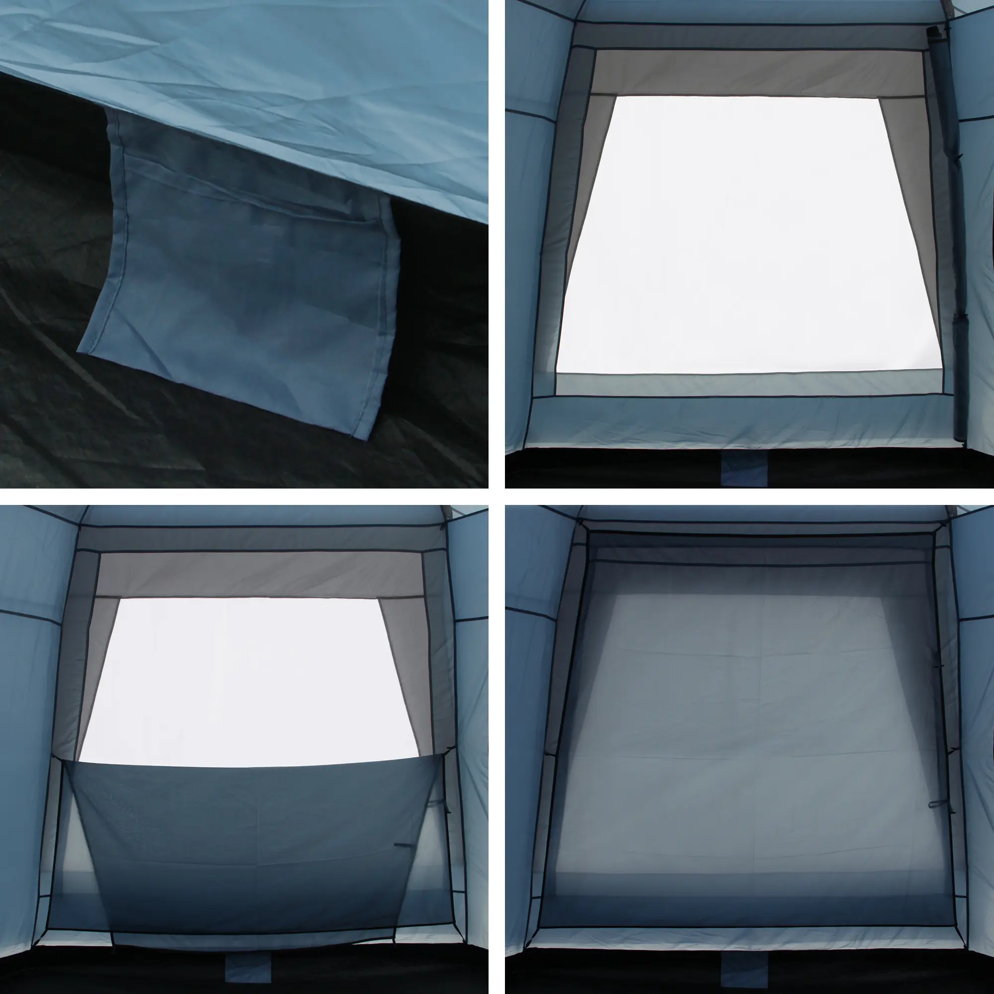 Détails du your GEAR Ponza 400 : intérieur du grand tente dôme bleu avec sol cuvette cousu, moustiquaire intégrée, fenêtres avec protection UV 50+ et grande hauteur sous plafond, idéal pour groupes et familles.