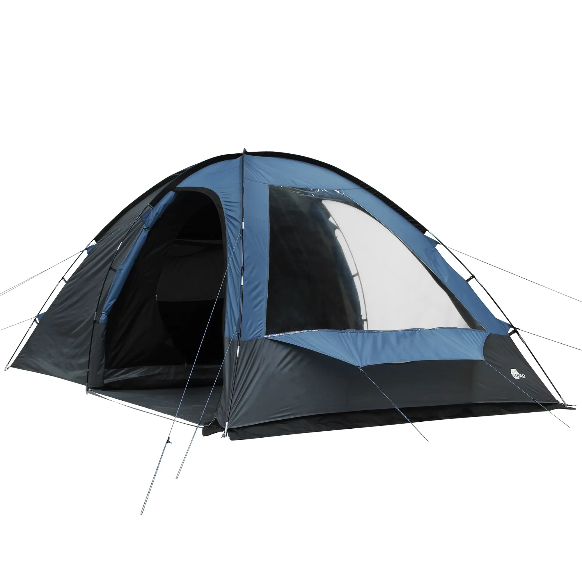 Blau-graues your GEAR Chinook 4 Kuppelzelt für 4 Personen mit großem Fenster, Seiteneingang und Stehhöhe, stabilen Abspannleinen und geräumigem Wohnbereich, geeignet als Familienzelt fürs Camping.