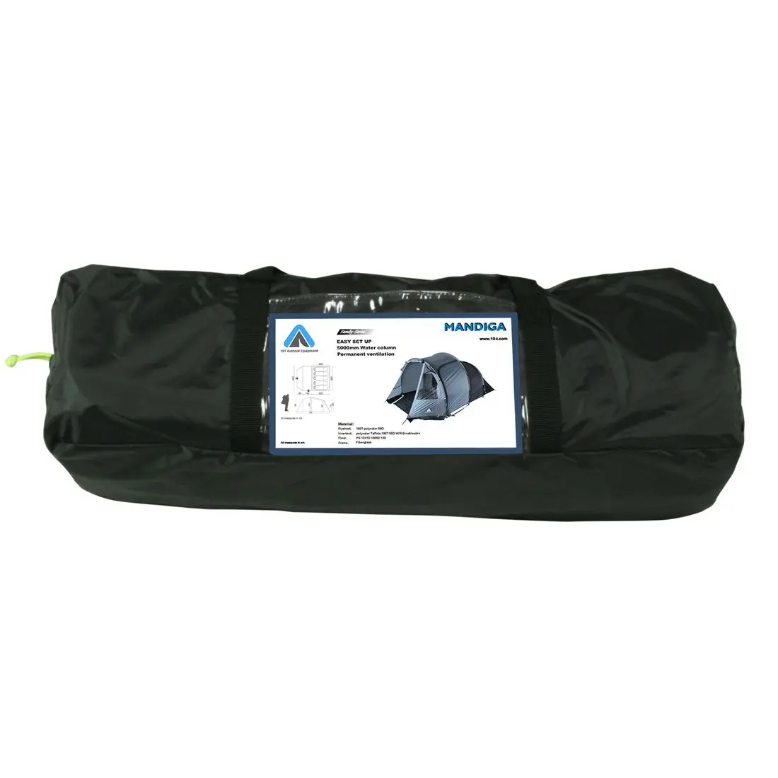 Schwarze Tragetasche mit Produktetikett für das 10T Mandiga Arona 5 Mann Tunnelzelt, zeigt Zeltabbildung, technische Zeichnung und Produktdaten; kompakt verpackt für Camping und Outdoor.