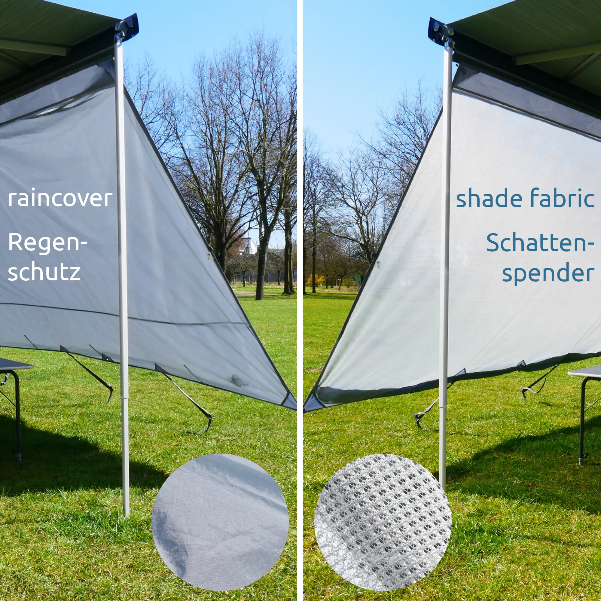 Pared frontal your GEAR Sun + Rain Blocker 4,3 x 2 m para toldo de vehículo, doble capa: tejido impermeable para lluvia y malla para sombra, instalada en zona de césped al aire libre.