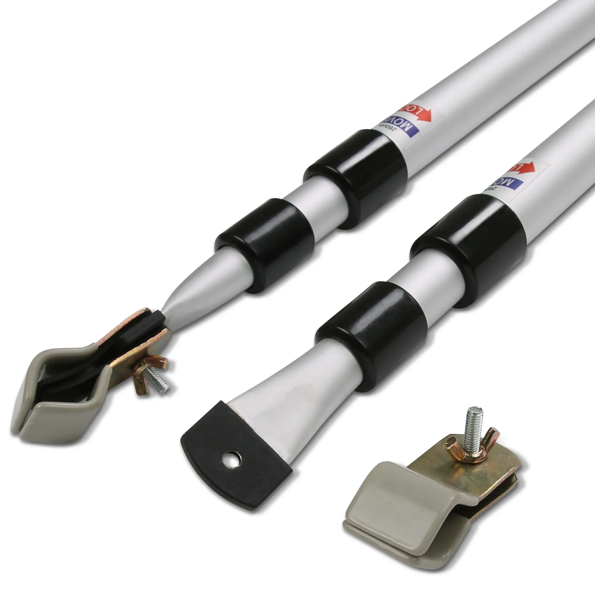 your GEAR Upright Pole Set: Two adjustable telescopic storm poles for caravan awnings, silver with black clamps, rubberized end fittings, and metal mounting brackets, suitable for roof reinforcement, length 108–260 cm.