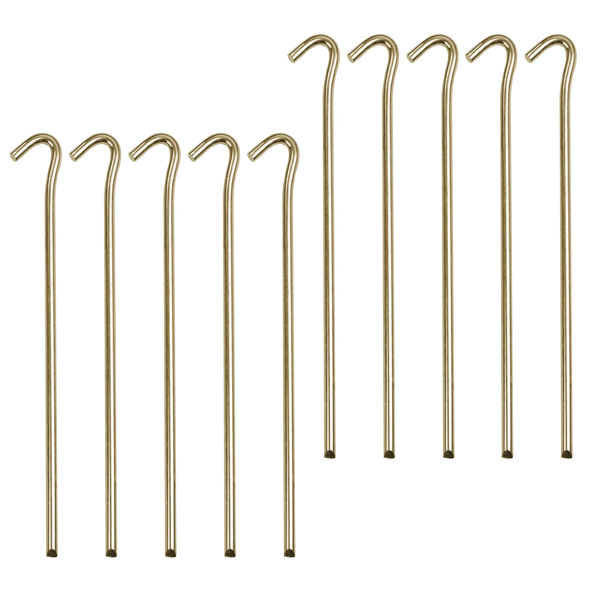 Set di 10 picchetti tenda 10T PEG IT RH-23SV in acciaio zincato, profilo tondo, lunghezza 23 cm, diametro 7 mm, punta affilata e testa ricurva, ideali per campeggio e fissaggio tende.