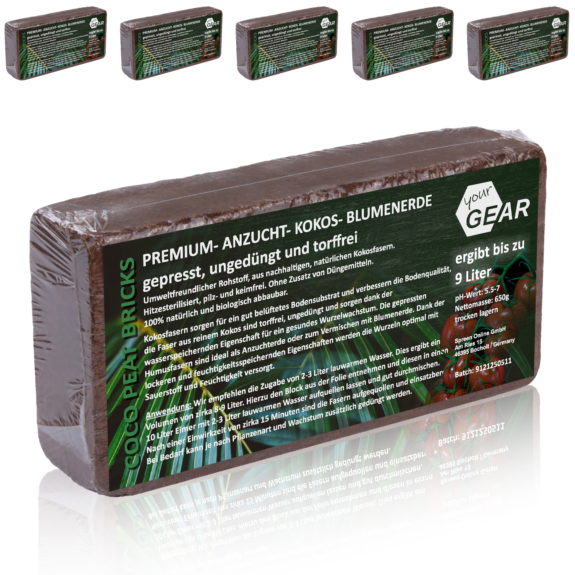 Blöcke gepresste Kokoserde yourGEAR, 6 Stück à 650g, torffrei, ungedüngt, nachhaltige Blumenerde aus Kokosfasern, Verpackung mit Produktinformationen, ergibt 54 Liter Erde, ideal für Aussaat und Anzucht.