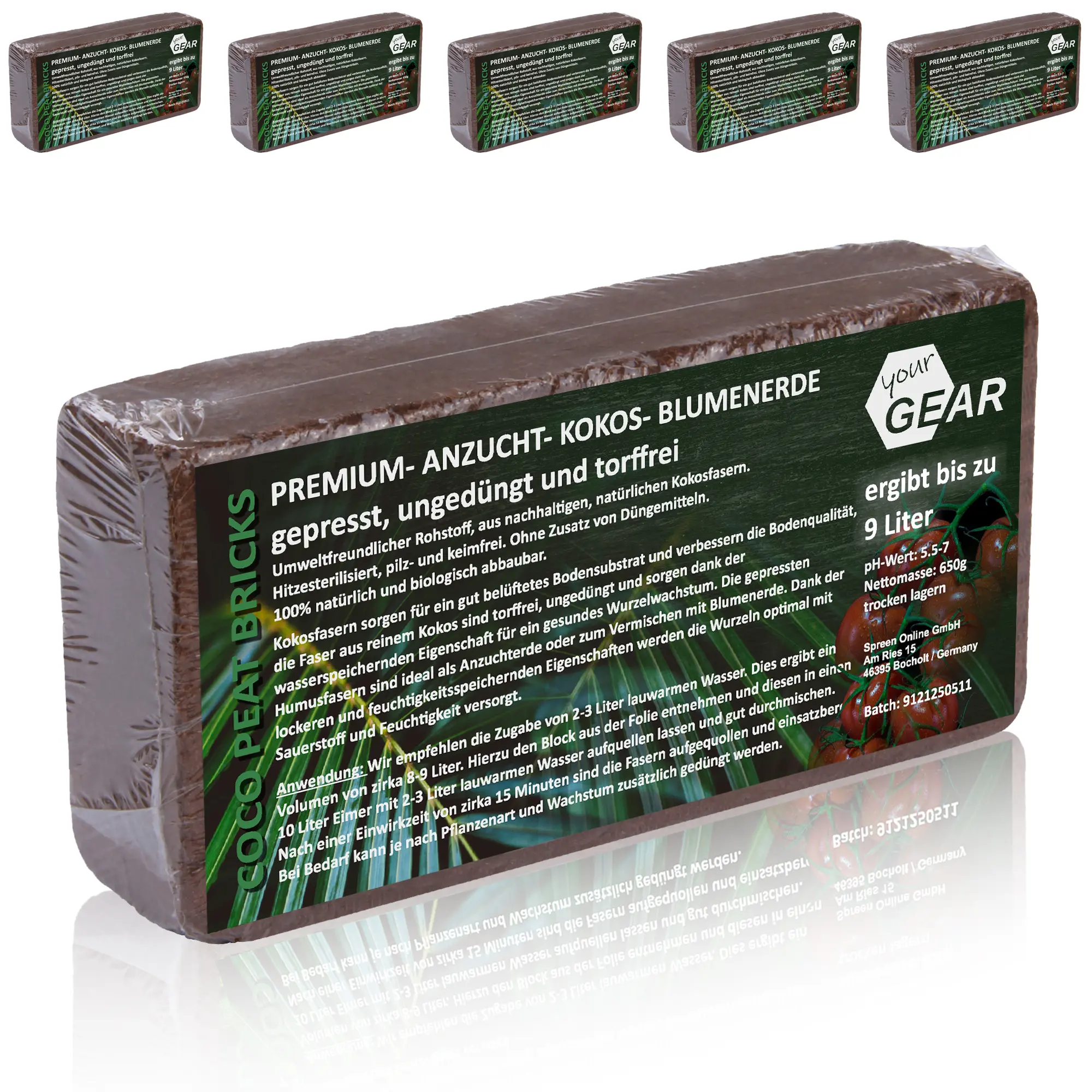 Blöcke gepresste Kokoserde yourGEAR, 6 Stück à 650g, torffrei, ungedüngt, nachhaltige Blumenerde aus Kokosfasern, Verpackung mit Produktinformationen, ergibt 54 Liter Erde, ideal für Aussaat und Anzucht.