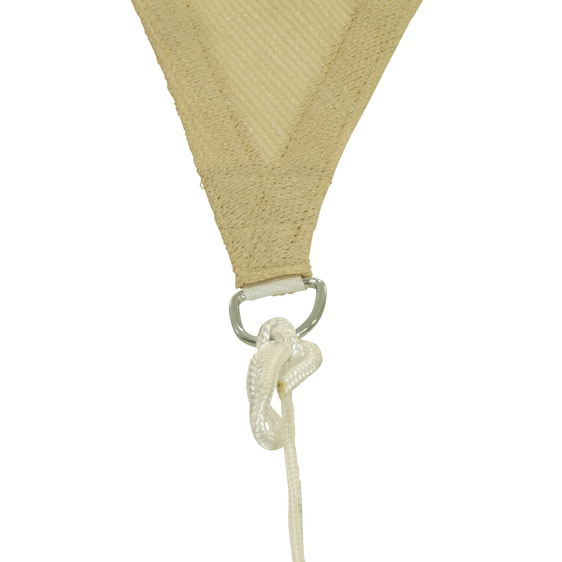 Beige 10T Emerson triangular sun sail corner with reinforced stitching, metal D-ring, and attached white tensioning rope, showing weather-resistant, breathable fabric for UV protection and outdoor use.
