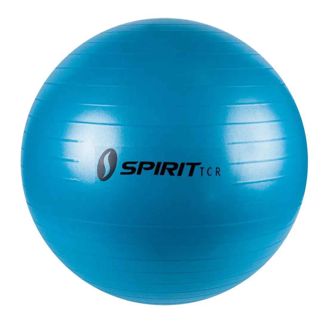 Ballon de gymnastique Spirit TCR bleu, diamètre 55 cm, surface antidérapante à bandes, logo noir visible, idéal pour fitness, yoga ou comme siège ergonomique. Accessoire robuste pour exercices variés.