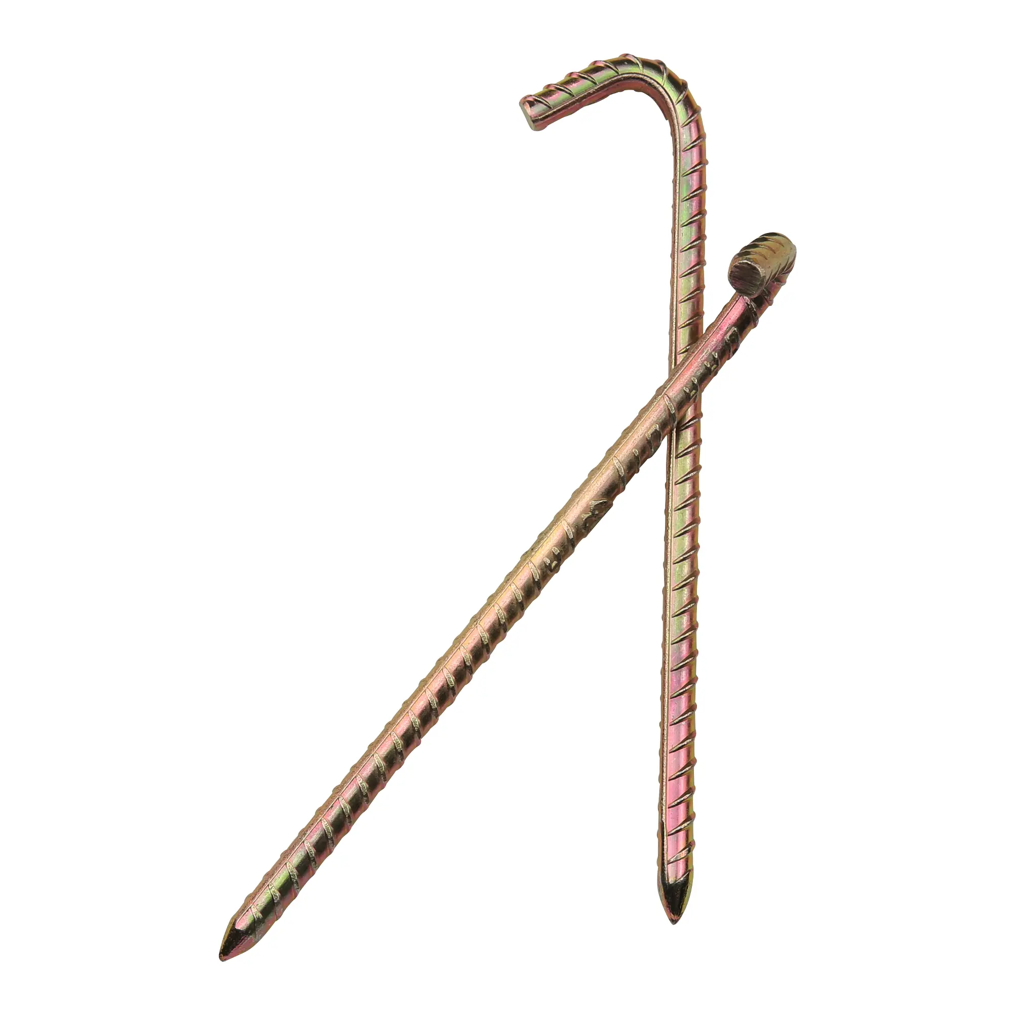 Dos piquetas de acero your GEAR RX 250, reforzadas con nervaduras, longitud 250 mm y diámetro 10 mm, ideales para fijar tiendas de campaña, resistentes y robustas, acabado metálico brillante.